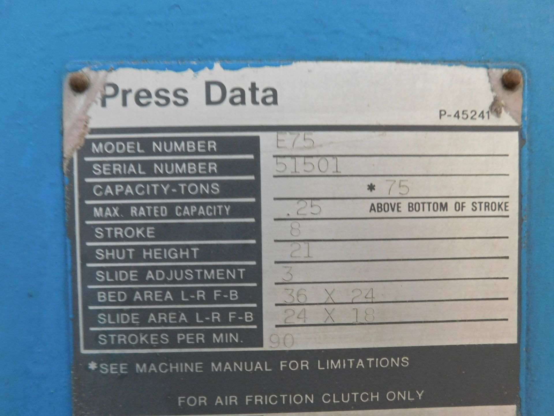 75 TON X 8" NIAGARA O.B.I. PUNCH PRESS, MODEL E-75, DUAL PALM CONTROLS, POWER RAM ADJUSTMENT, AIR - Image 7 of 7