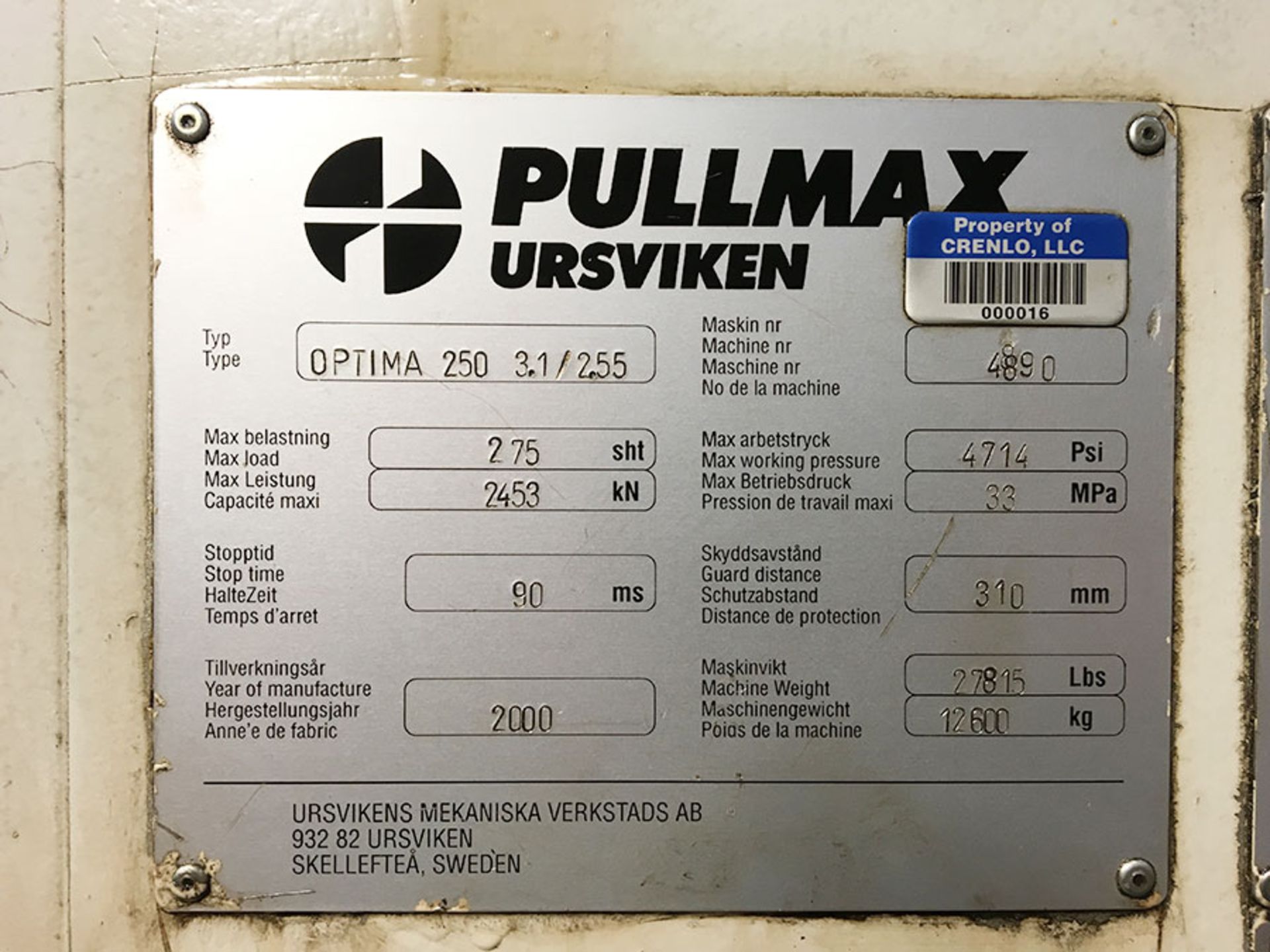 250 TON X 10' PULLMAX OPTIMA CNC HYDRAULIC PRESS BRAKE, MODEL 250.3.1/2.55, CYBELEC MODEVA 10S 6- - Image 26 of 37
