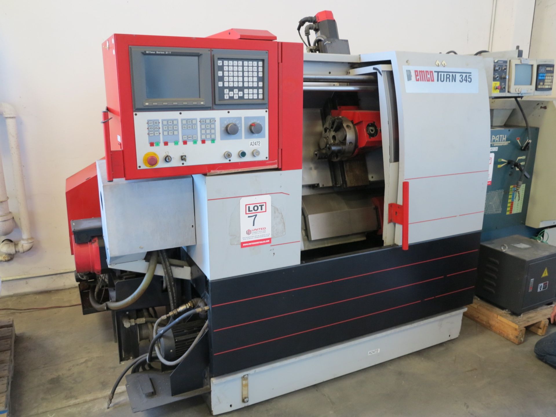 8.7" X 20.1" EMCO 345 CNC TURNING LATHE (GREAT CONDITION), FANUC 21T CNC CONTROL, 3J COLLET CHUCK,