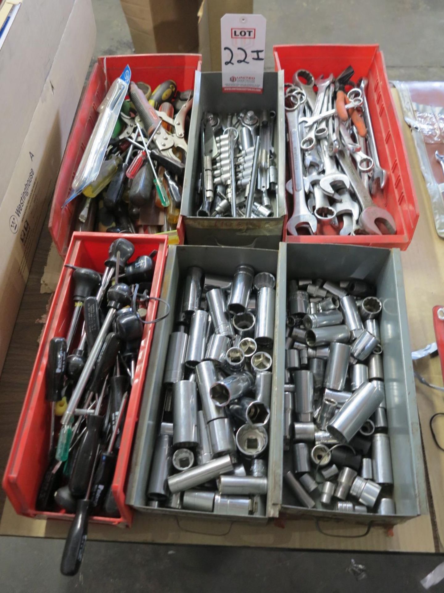 LOT - (6) BINS OF SOCKETS AND MISC HAND TOOLS, WRENCHES, ETC.