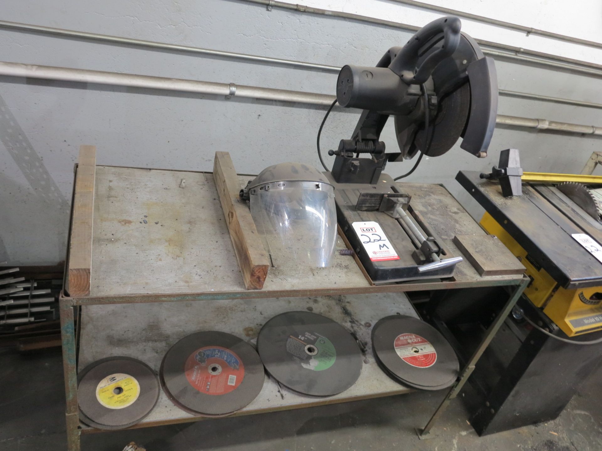 LOT - 14" INDUSTRIAL CUT OFF SAW, W/ BENCH AND EXTRA BLADES