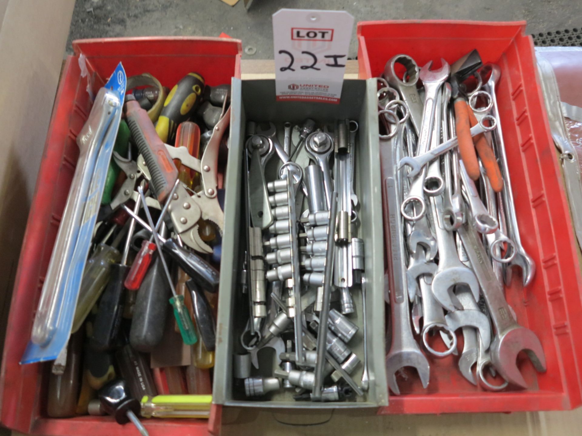 LOT - (6) BINS OF SOCKETS AND MISC HAND TOOLS, WRENCHES, ETC. - Image 2 of 3