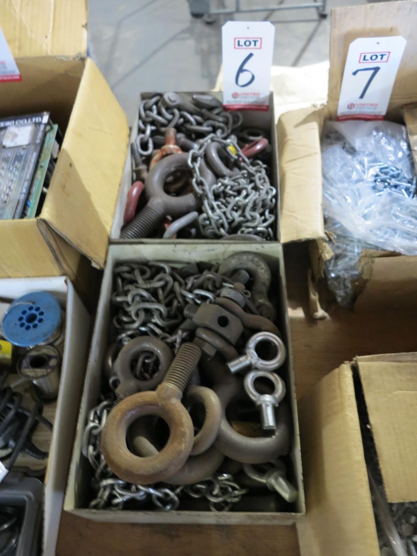 LOT - (2) BOXES OF LIFTING EYES, CHAIN, ETC.