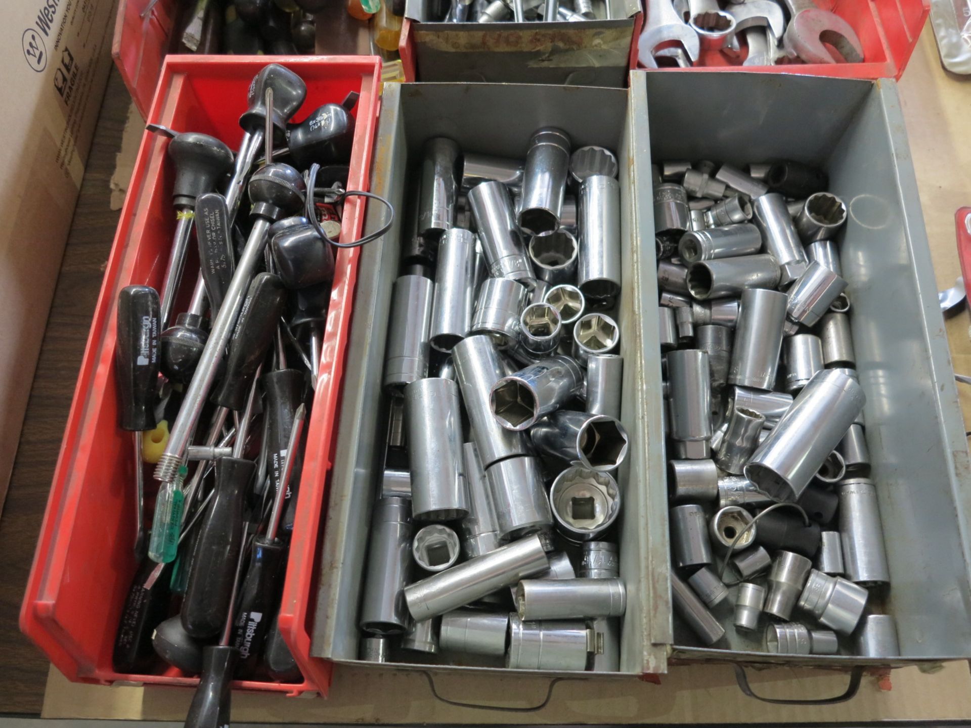 LOT - (6) BINS OF SOCKETS AND MISC HAND TOOLS, WRENCHES, ETC. - Image 3 of 3