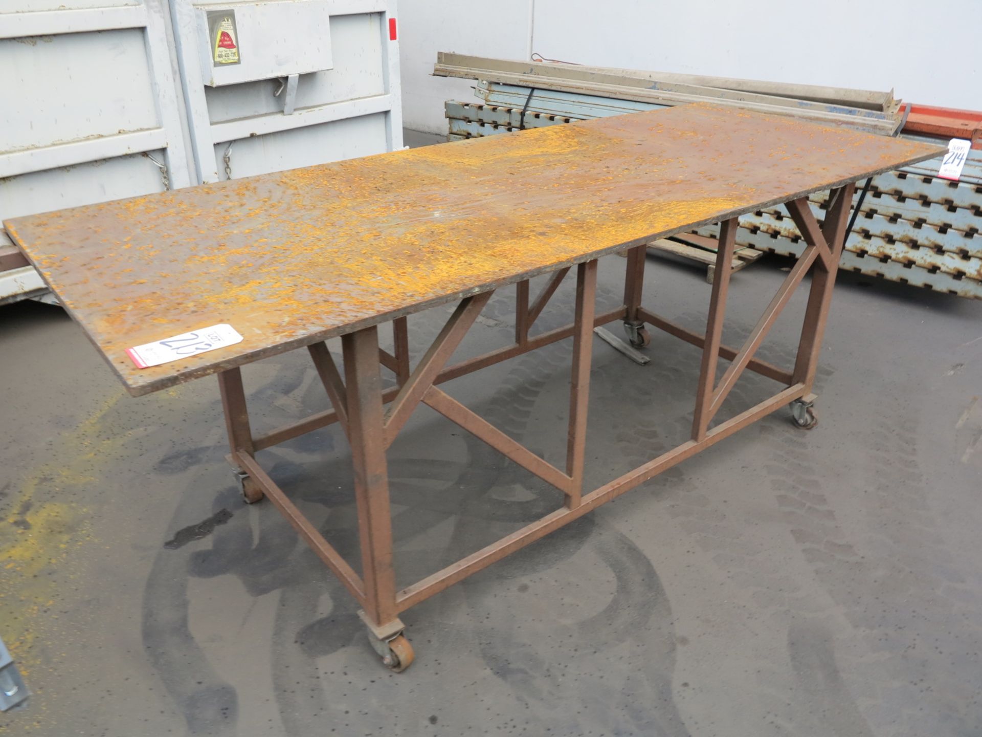 PORTABLE STEEL TABLE, TOP MEASURES 38" X 8' X 3/4"