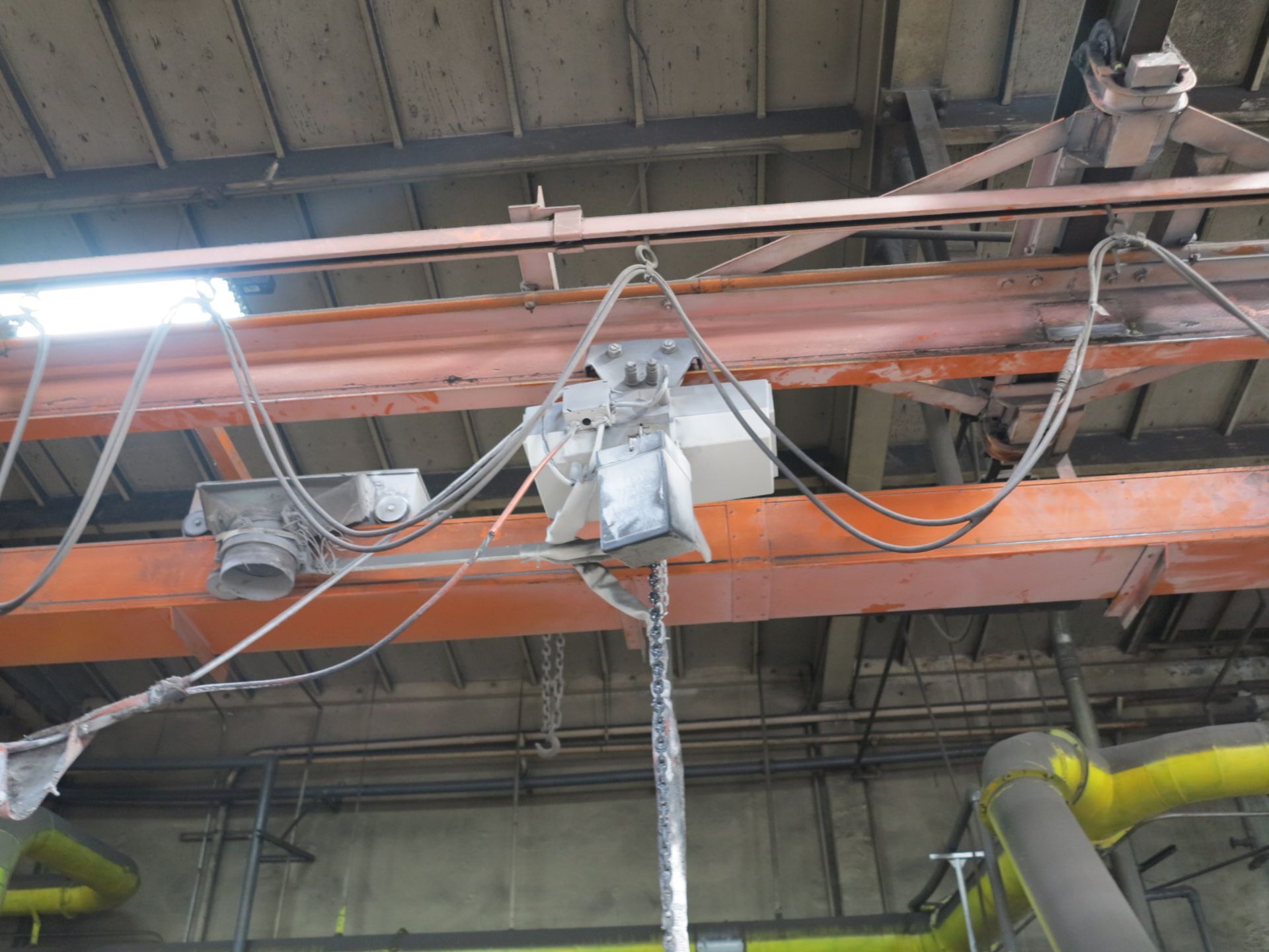 OVERHEAD CRANE SYSTEM W/ DUST COLLECTION/EXHAUST SYSTEM, APPROX. 120' SPAN, TRAVELS APPROX. 45'