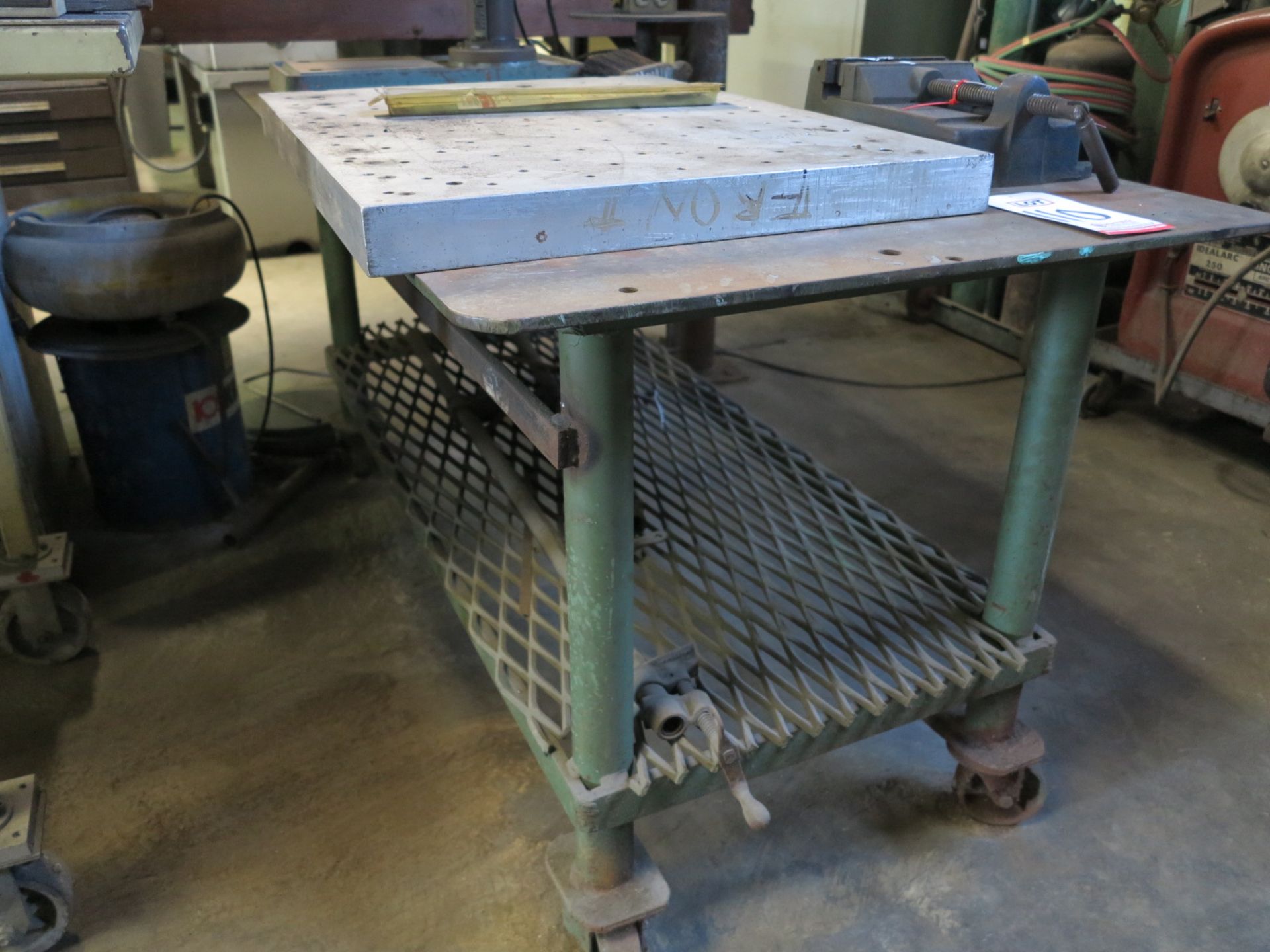LOT - STEEL TABLE ON CASTERS, 60" X 30", TOP IS 3/8" THICK, W/ ALUMINUM FIXTURE PLATE, 28" X 21" X