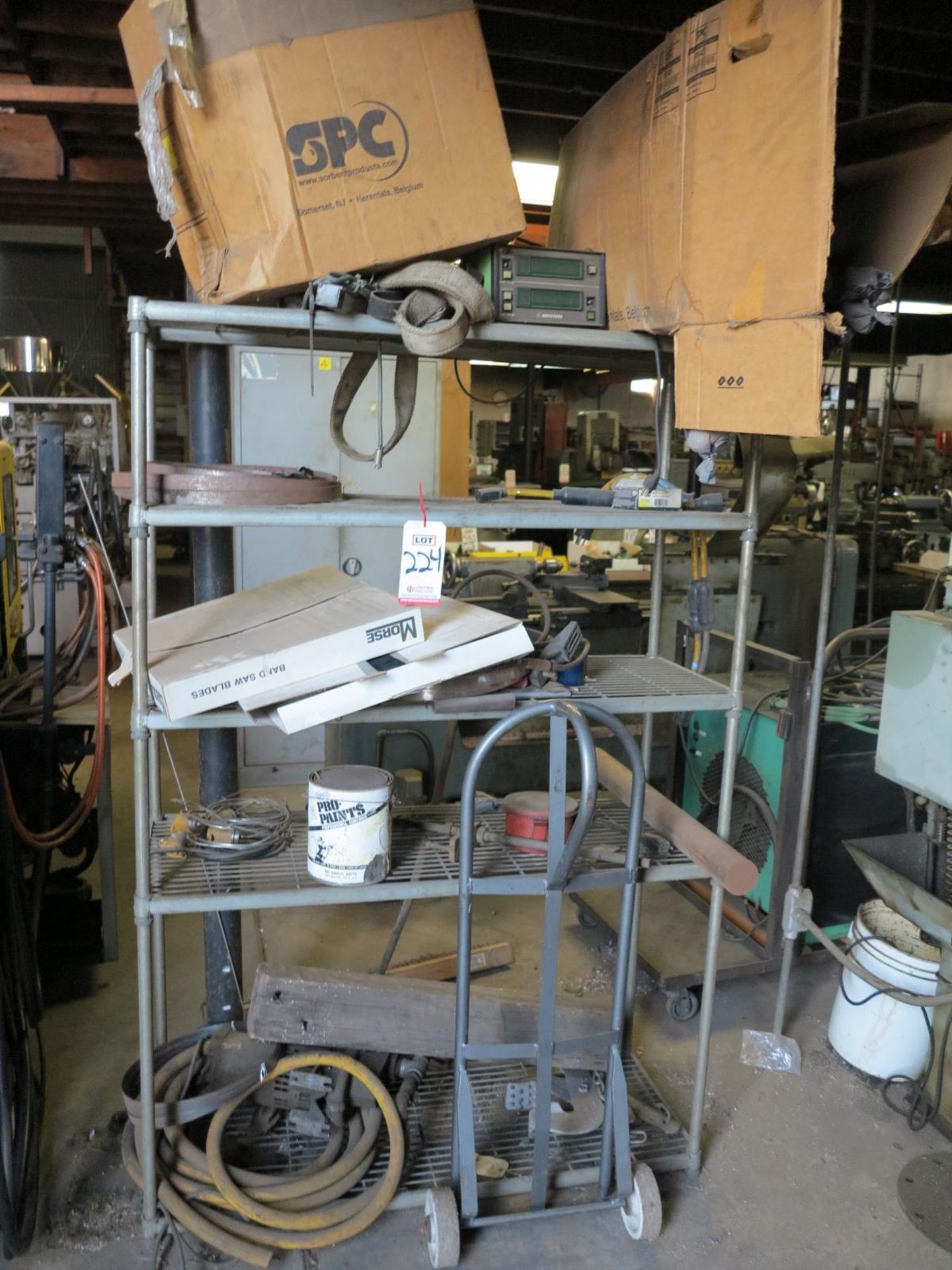 LOT - WIRE SHELF UNIT, W/ CONTENTS TO INCLUDE: BAND SAW BLADES, MITUTOYO DRO, ETC.
