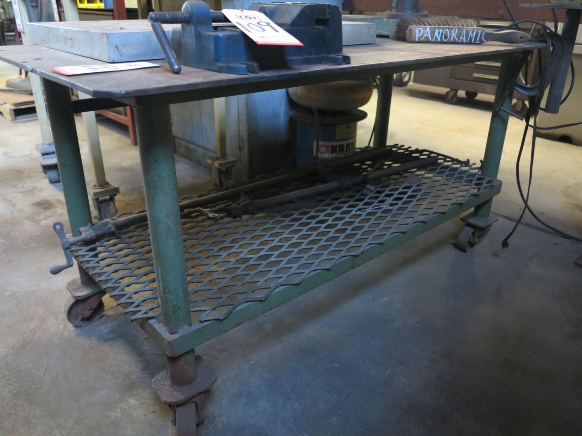 LOT - STEEL TABLE ON CASTERS, 60" X 30", TOP IS 3/8" THICK, W/ ALUMINUM FIXTURE PLATE, 28" X 21" X - Image 2 of 2