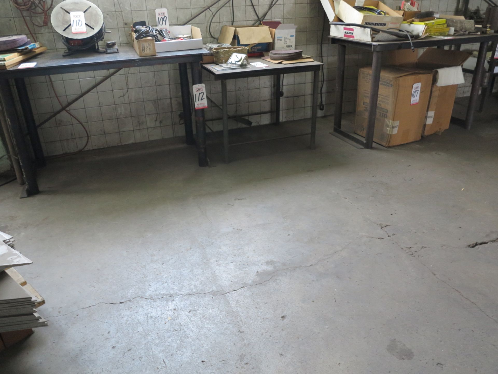 LOT - (4) STEEL TABLES AND (1) SHELF UNIT, CONTENTS NOT INCLUDED