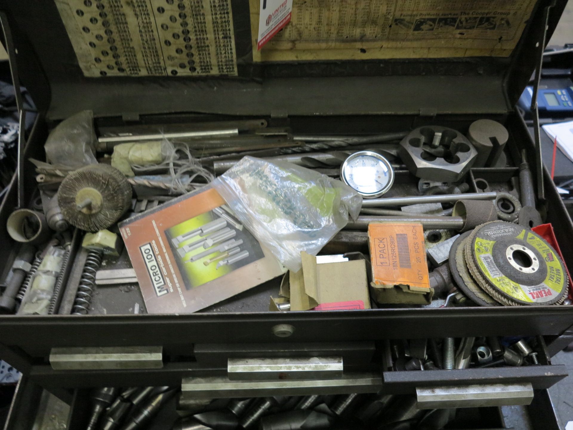 LOT - 6-DRAWER TOOLBOX, W/ CONTENTS: TAPS, DIES, REAMERS, DRILLS, MILL CUTTERS, ETC. - Image 2 of 6