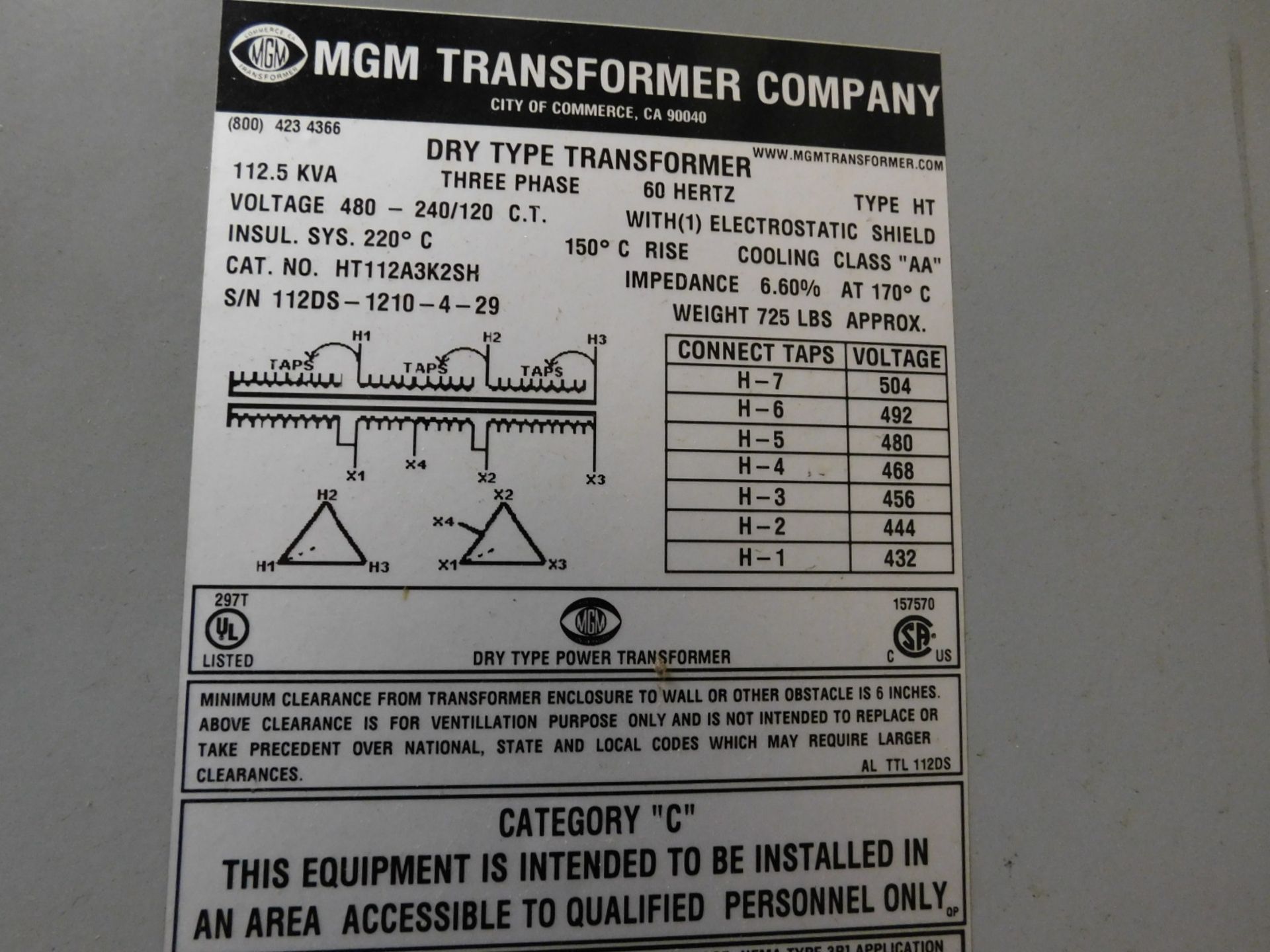 MGM DRY TYPE TRANSFORMER, 112.5 KVA, 480 TO 240/120V, 3-PHASE, 60 HZ, CAT. NO. HT112A3K2SH, THE LONG - Image 2 of 2