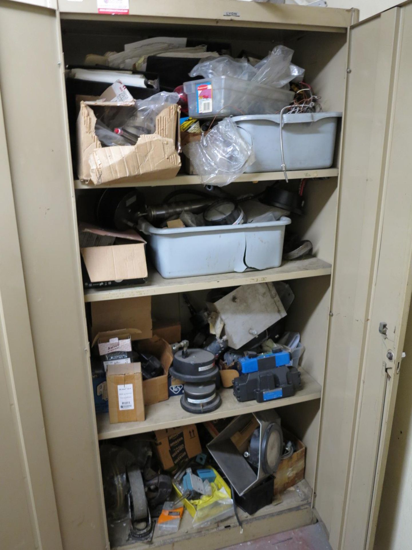 LOT - 2-DOOR STORAGE CABINET FULL OF MISC SHOP ITEMS