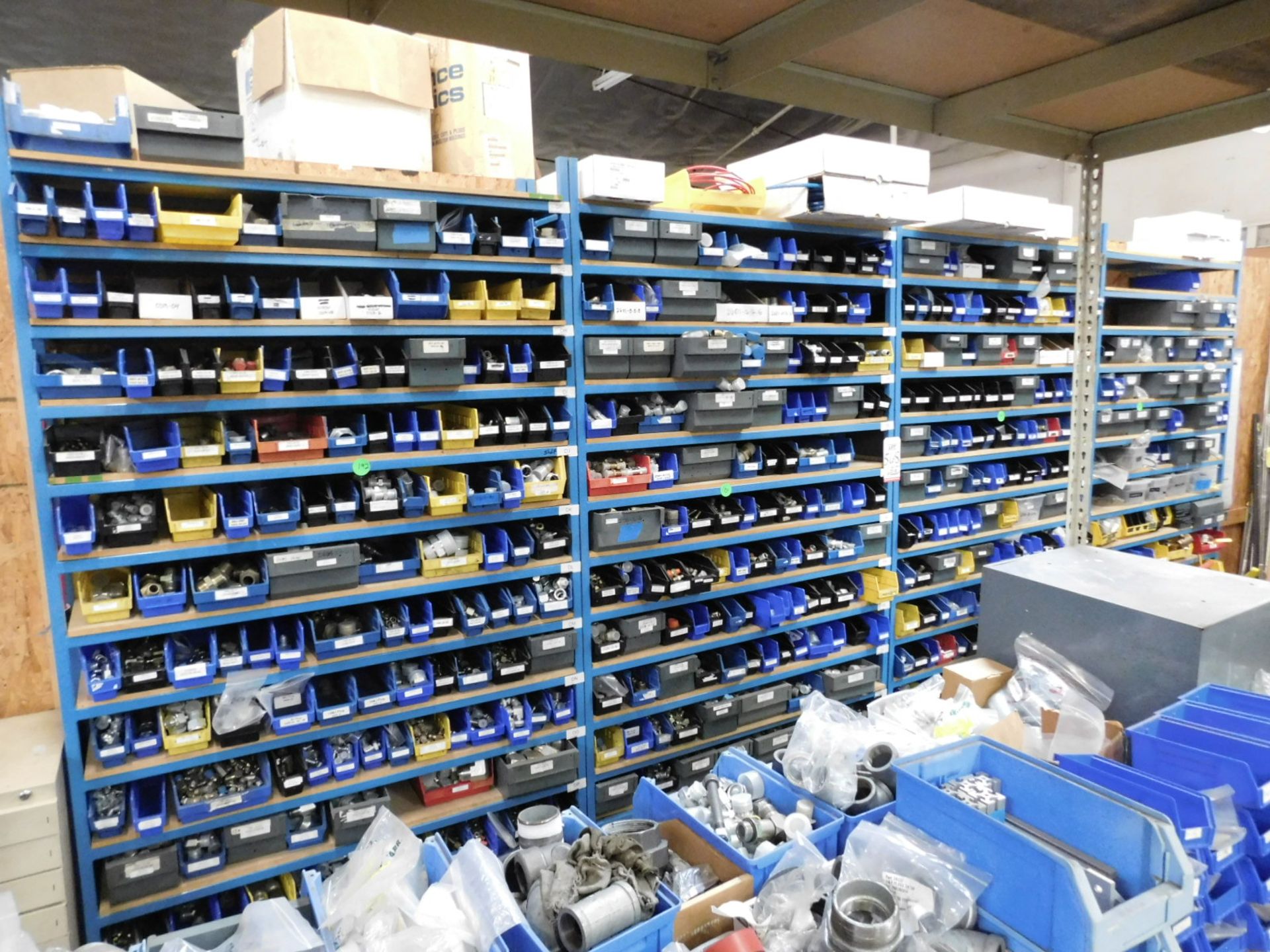 LOT - (4) SECTIONS OF SHELVING, W/ CONTENTS TO INCLUDE: PLUMBING VALVES, FITTINGS, HYDRAULIC &