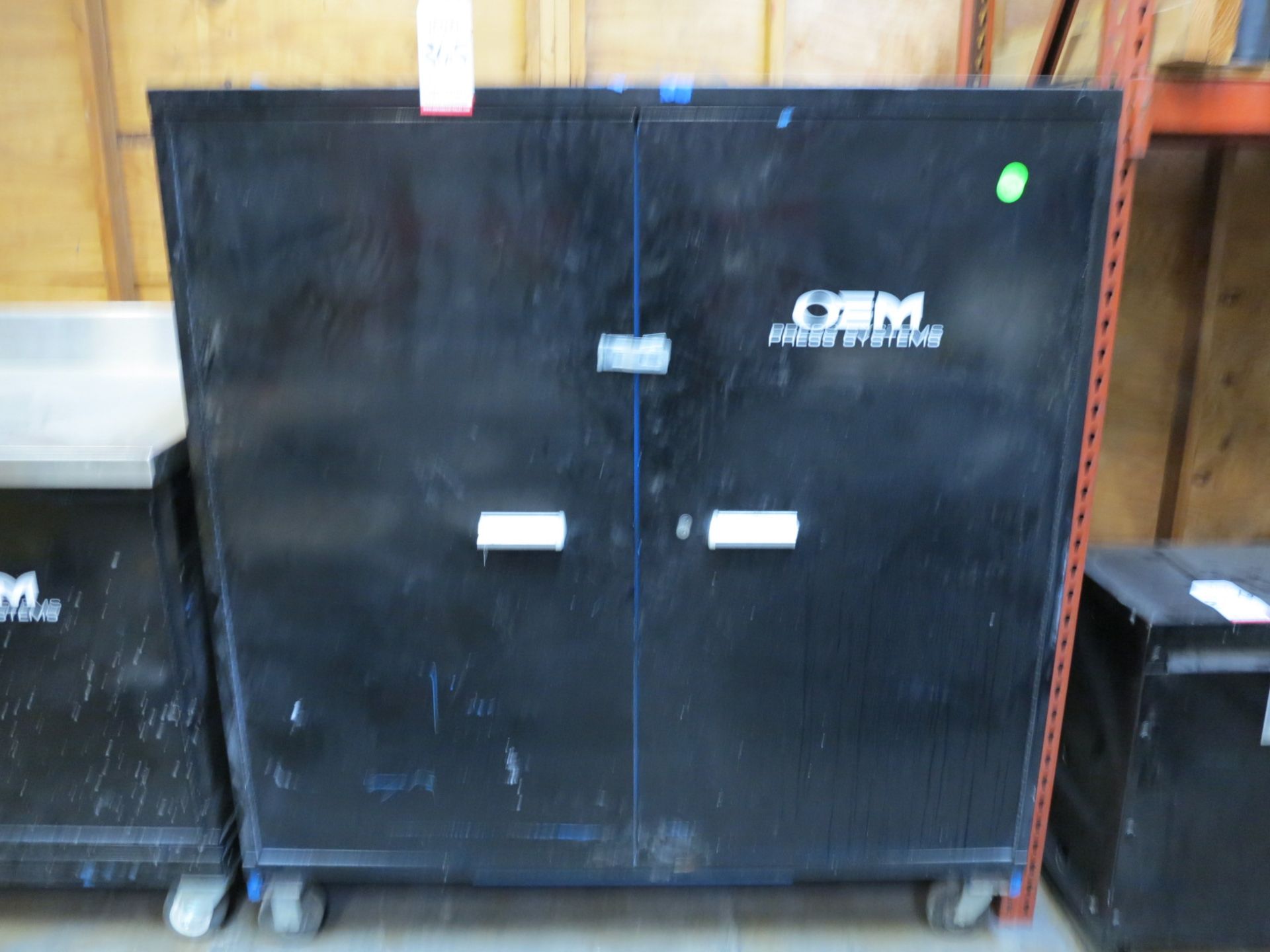 LOT - 2-DOOR ROLLING STORAGE CABINET, 5' X 28" X 57"HT, W/ CONTENTS OF MISC SHOP ITEMS