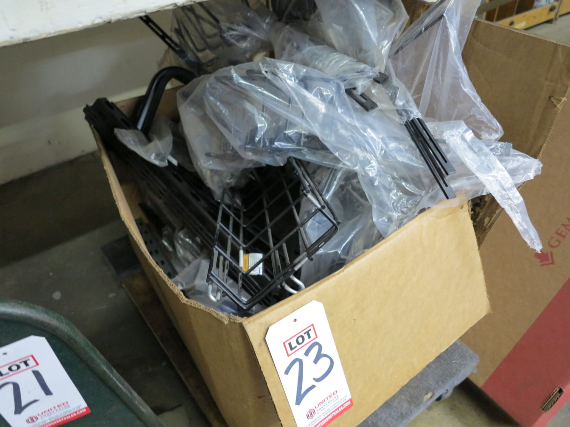 LOT - BOX OF WIRE TRAYS, HARDWARE, ETC.