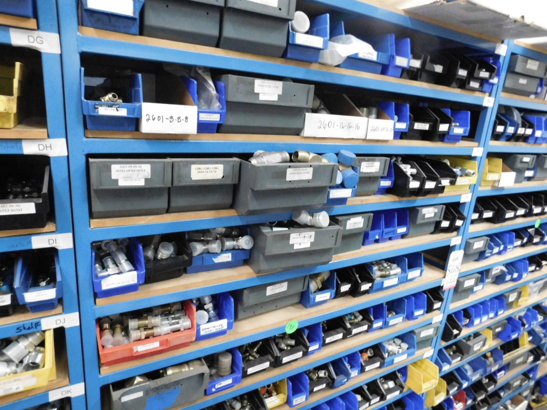 LOT - (4) SECTIONS OF SHELVING, W/ CONTENTS TO INCLUDE: PLUMBING VALVES, FITTINGS, HYDRAULIC & - Image 5 of 10
