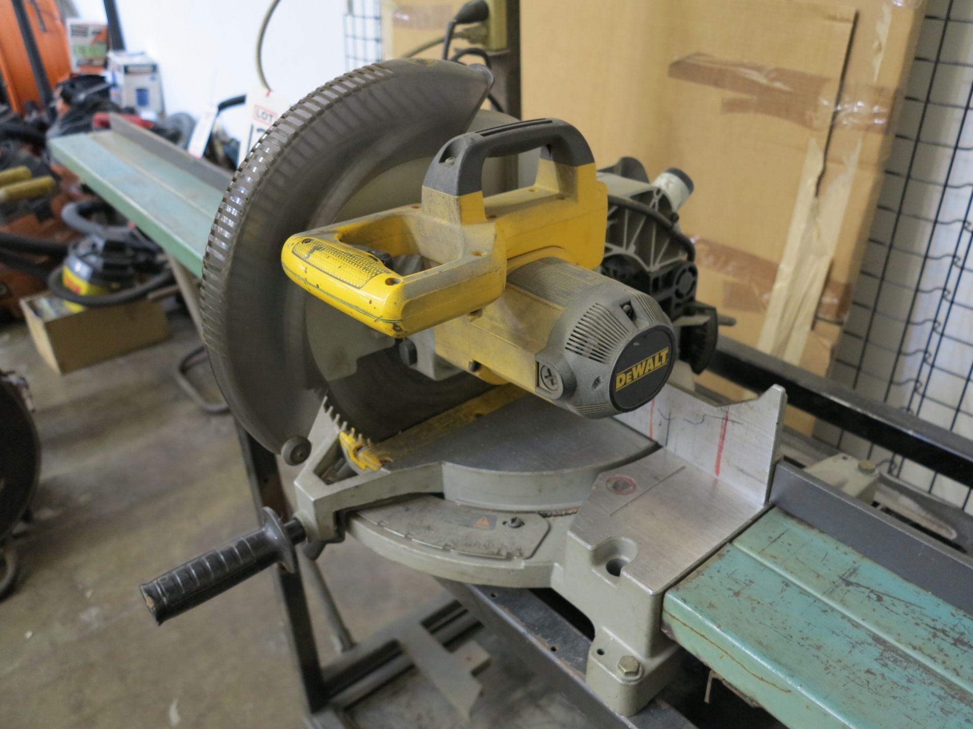 DEWALT 12" COMPOUND MITER SAW, MODEL DW705, W/ CART AND MATERIAL INFEED/OUTFEED TABLES - Image 3 of 3