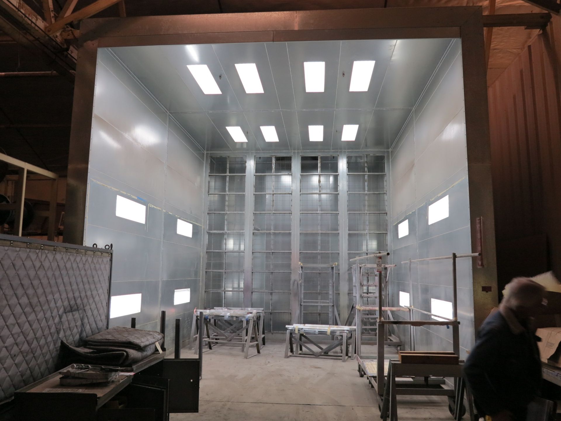 J&M PAINT BOOTH, OPENING IS 16'W X 20'D X 17'HT, OVERHEAD AND SIDE LIGHTING, VERY CLEAN, VERY