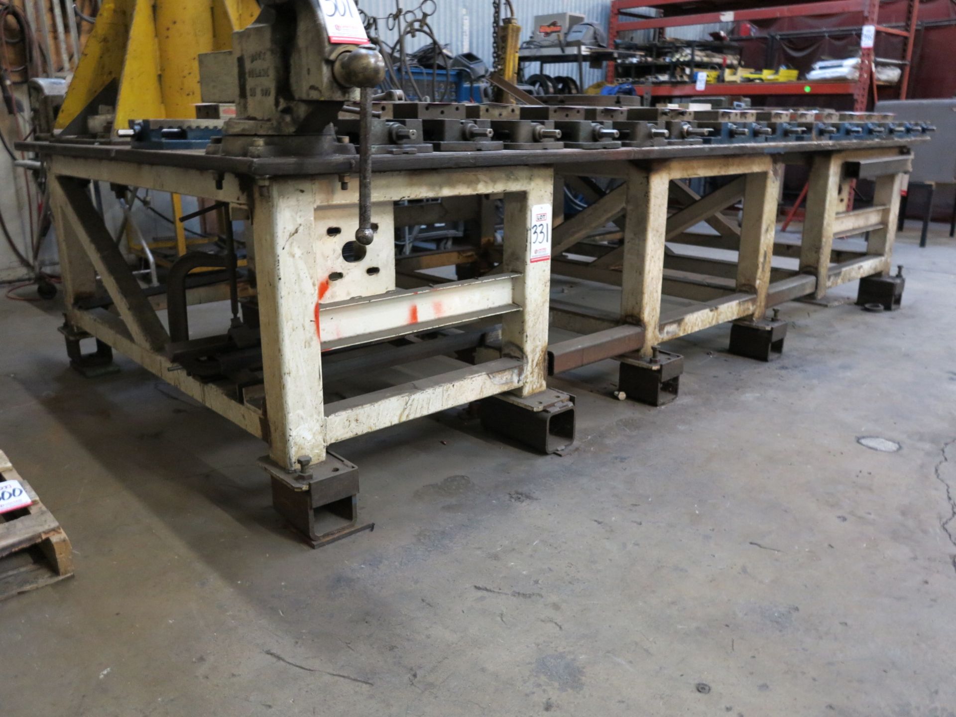 WELDING/FABRICATION TABLE, 12' X 74" X 1-1/4" THICK TOP, JIB CRANE NOT INCLUDED