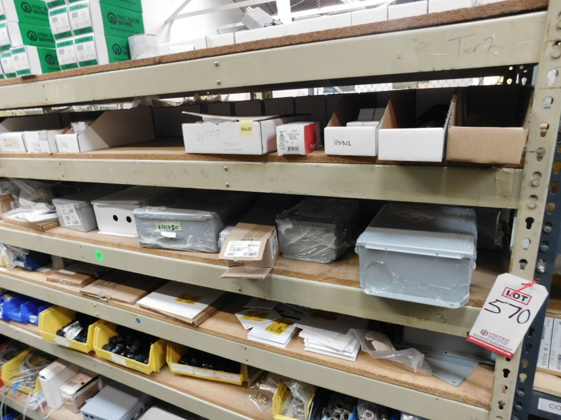 LOT - 12' OF SHELF ISLAND, W/ CONTENTS OF ELECTRICAL CONDUIT BOXES AND FITTINGS, ALLEN-BRADLEY & - Image 12 of 18