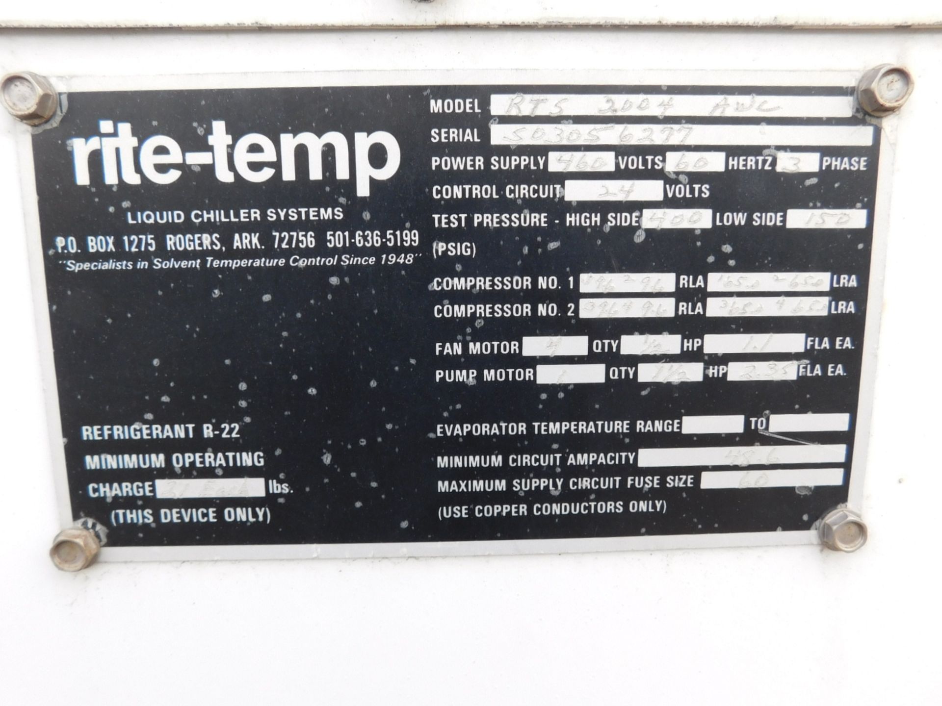 RITE-TEMP CHILLER, MODEL RTS-2004-AWC, S/N 503056277, 460V/3-PHASE, CONDITION UNKNOWN - Image 2 of 2