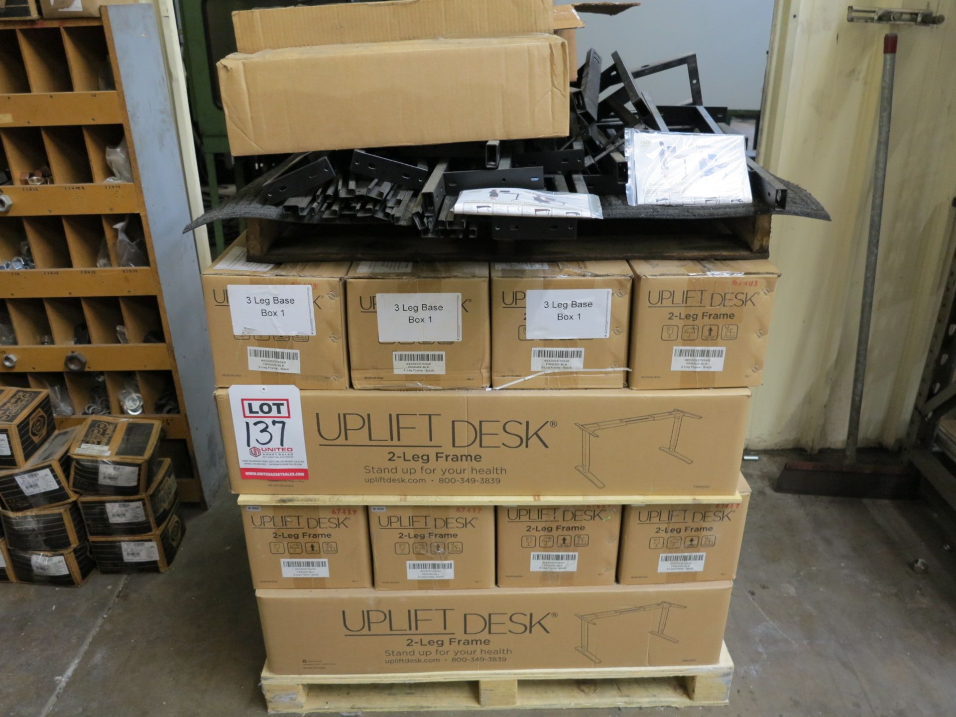 LOT - PALLET OF UPLIFT DESK 2-LEG FRAMES, PLUS BOX OF 2-INPUT CONTROL BOX W/ POWER CORD FOR UPLIFT