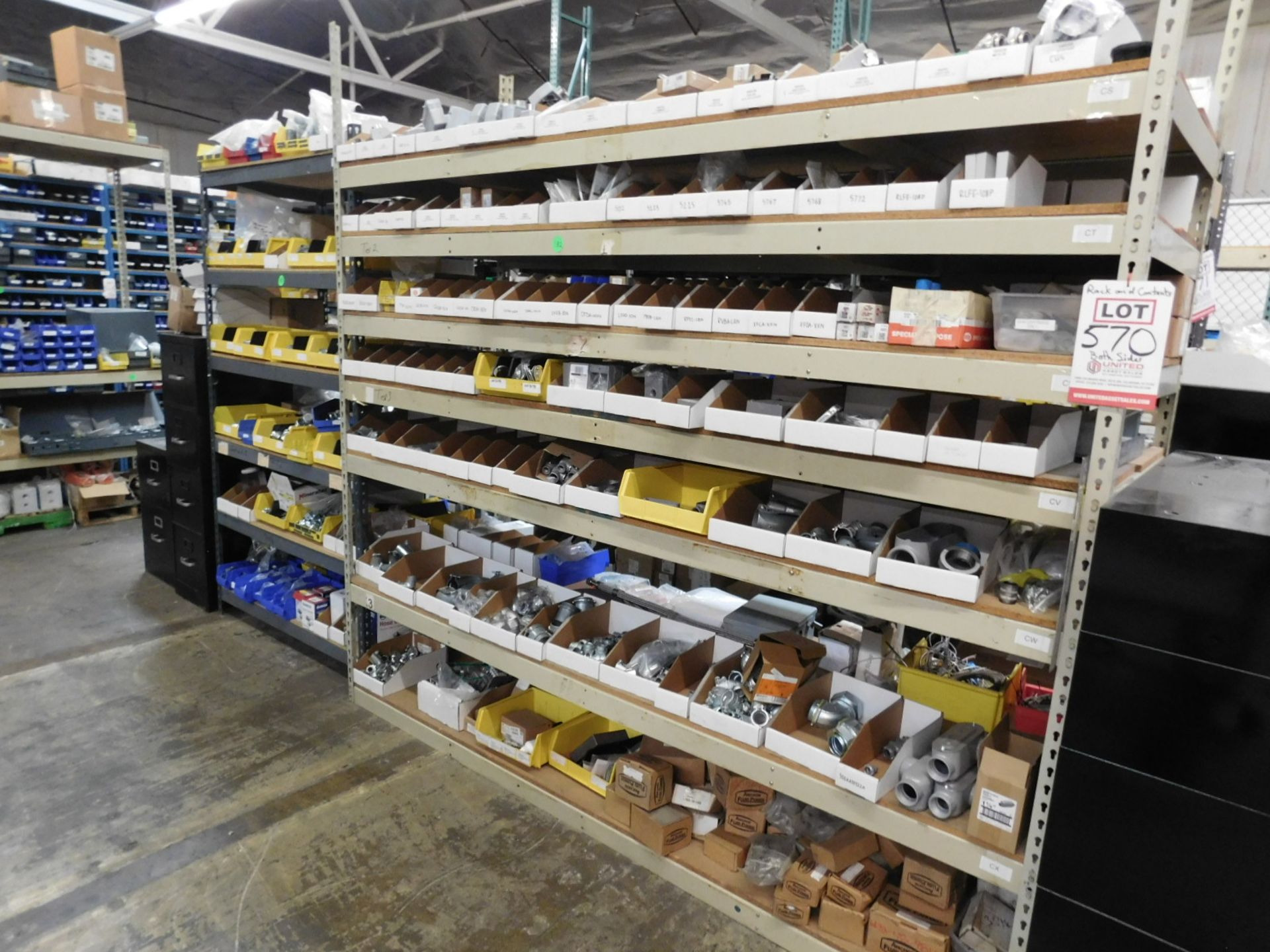 LOT - 12' OF SHELF ISLAND, W/ CONTENTS OF ELECTRICAL CONDUIT BOXES AND FITTINGS, ALLEN-BRADLEY &