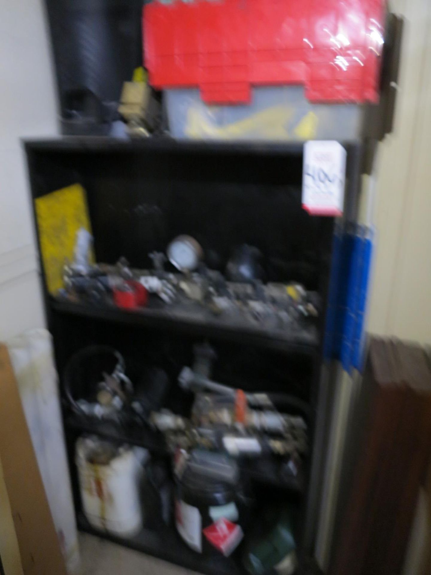 LOT - SHELF UNIT, W/ CONTENTS OF MISC VALVES, MANIFOLDS, ETC.