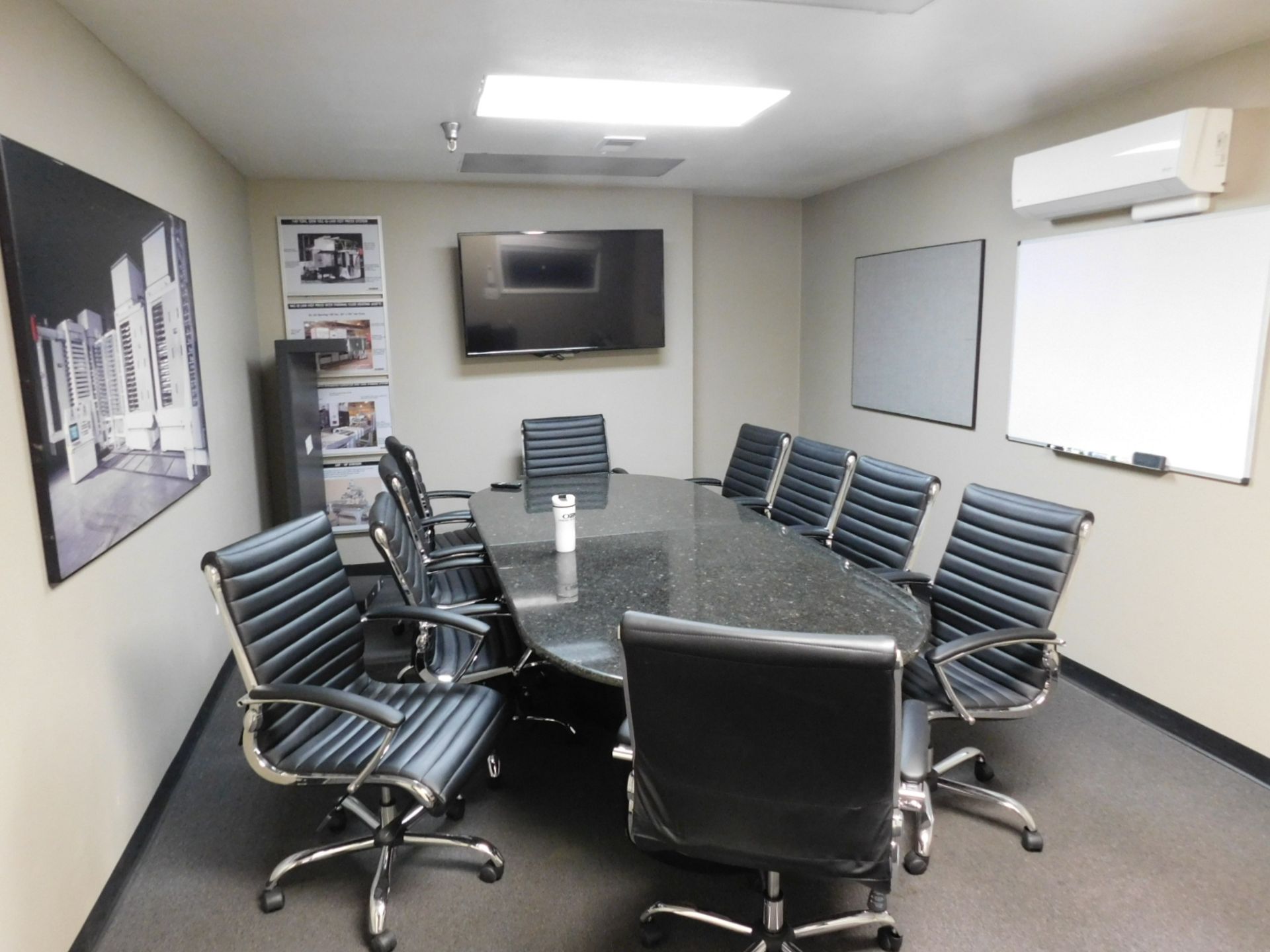 LOT - CONTENTS OF CONFERENCE ROOM: 10' X 4' GRANITE CONFERENCE TABLE, (10) CHAIRS, INSIGNIA 55"