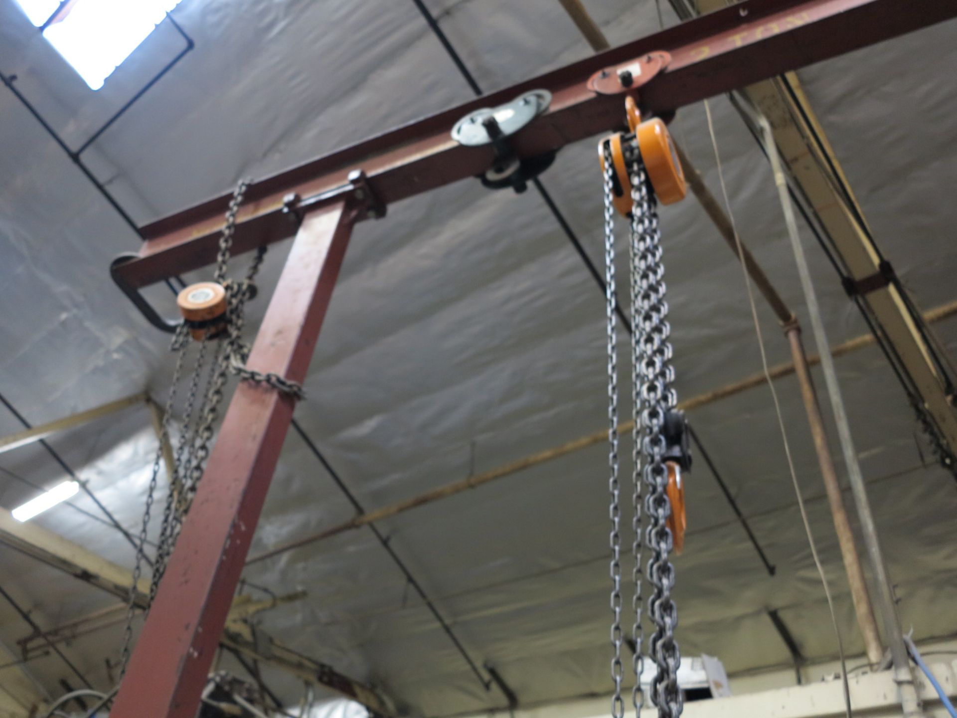 2-TON STEEL GANTRY, W/ 5-TON CHAINFALL, ON LARGE HEAVY DUTY CASTERS, DISTANCE BETWEEN UPRIGHTS: - Image 2 of 3