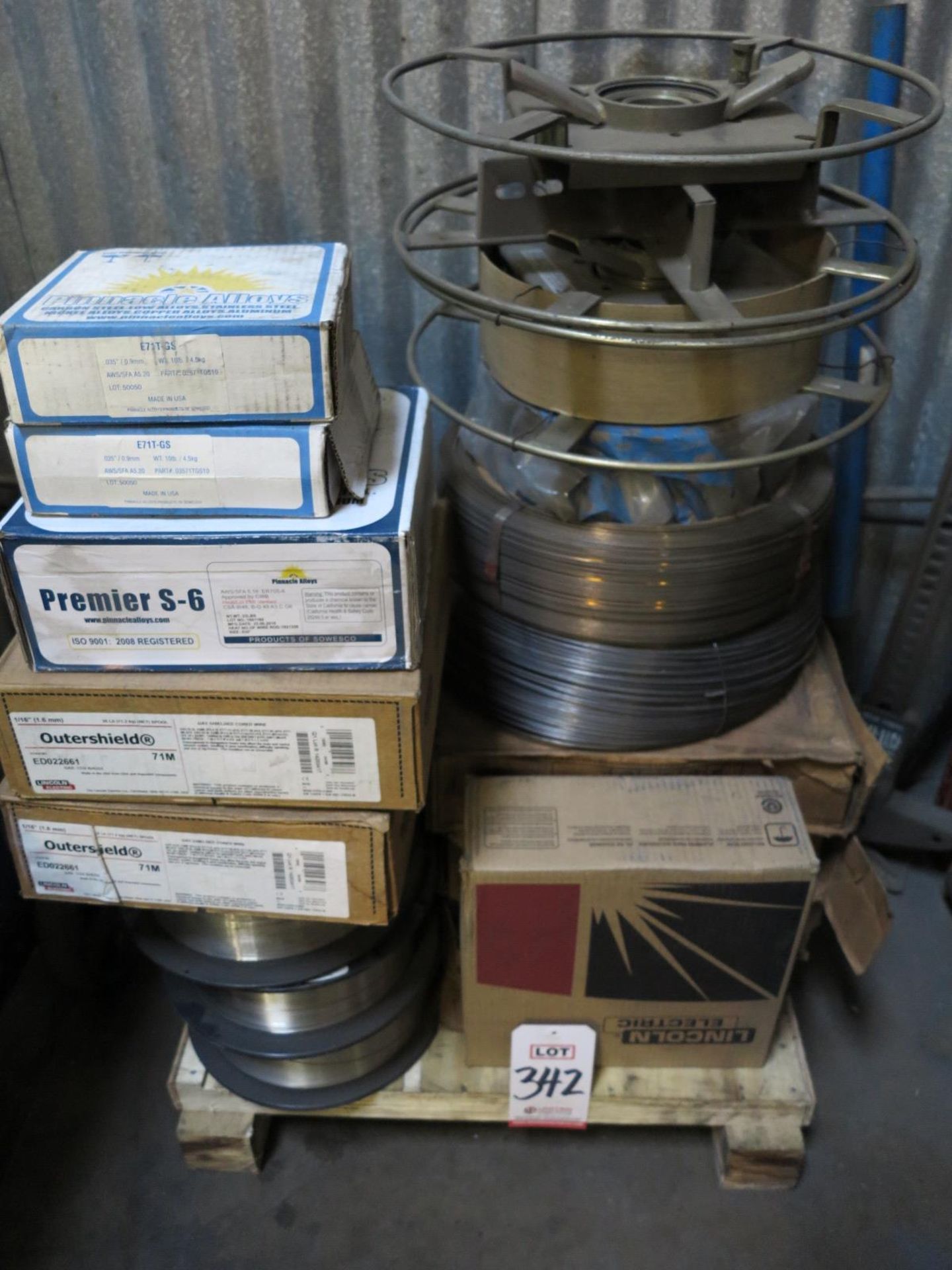LOT - PALLET OF MISC NEW SPOOLS OF WELDING WIRE AND FEEDER SPOOLS