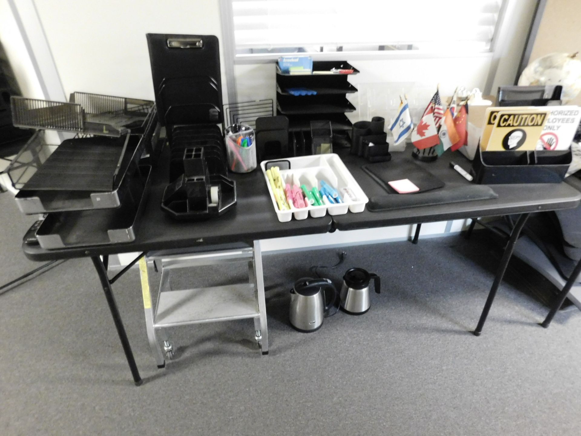 LOT - (5) FOLDING TABLES, W/ OFFICE SUPPLIES ON TOP AND UNDERNEATH - Image 4 of 5