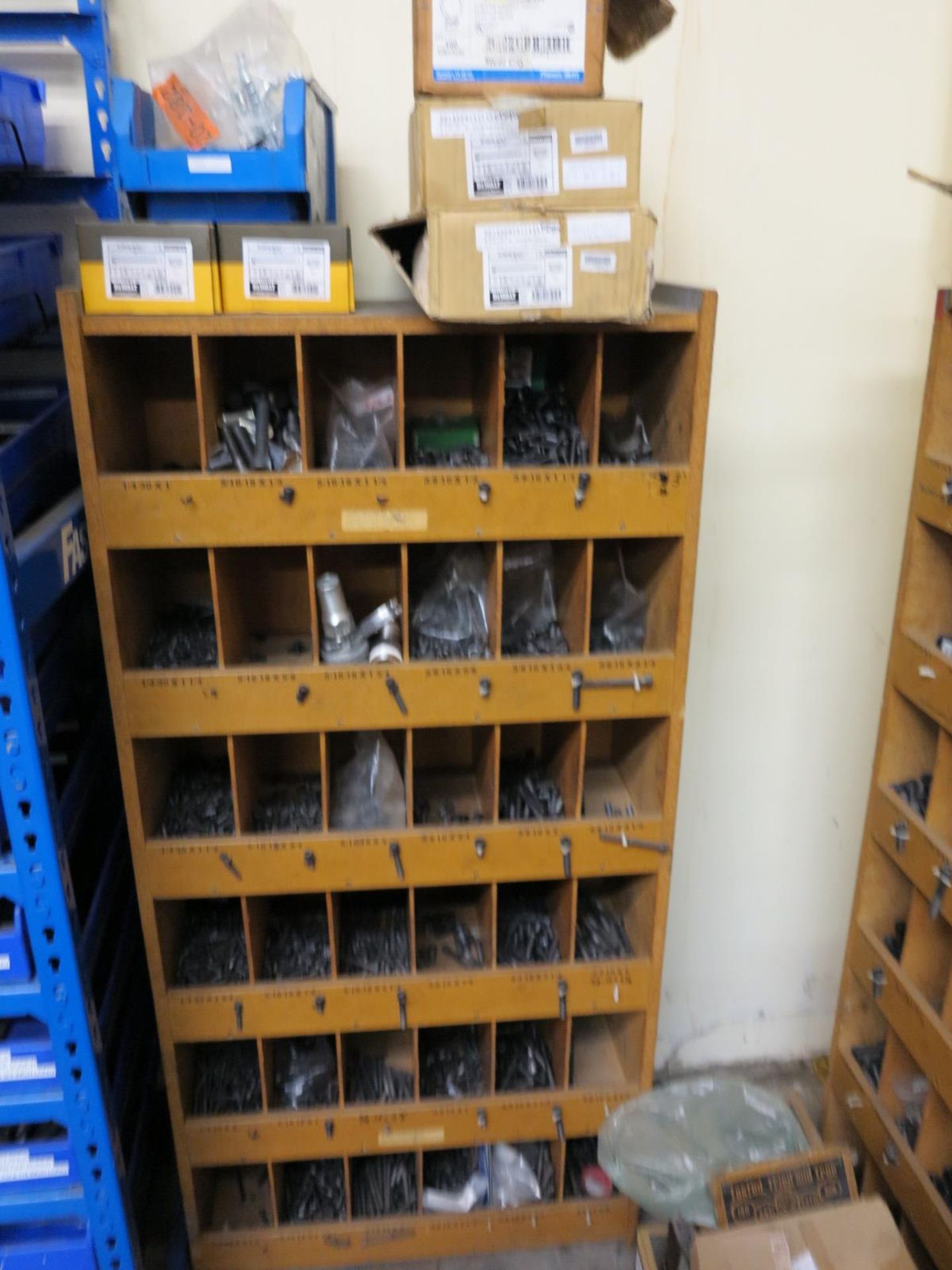 LOT - (3) 28" X 12" X 5'HT FASTENER STORAGE UNITS, W/ CONTENTS OF FASTENERS, PLUS ALL THE FULL AND