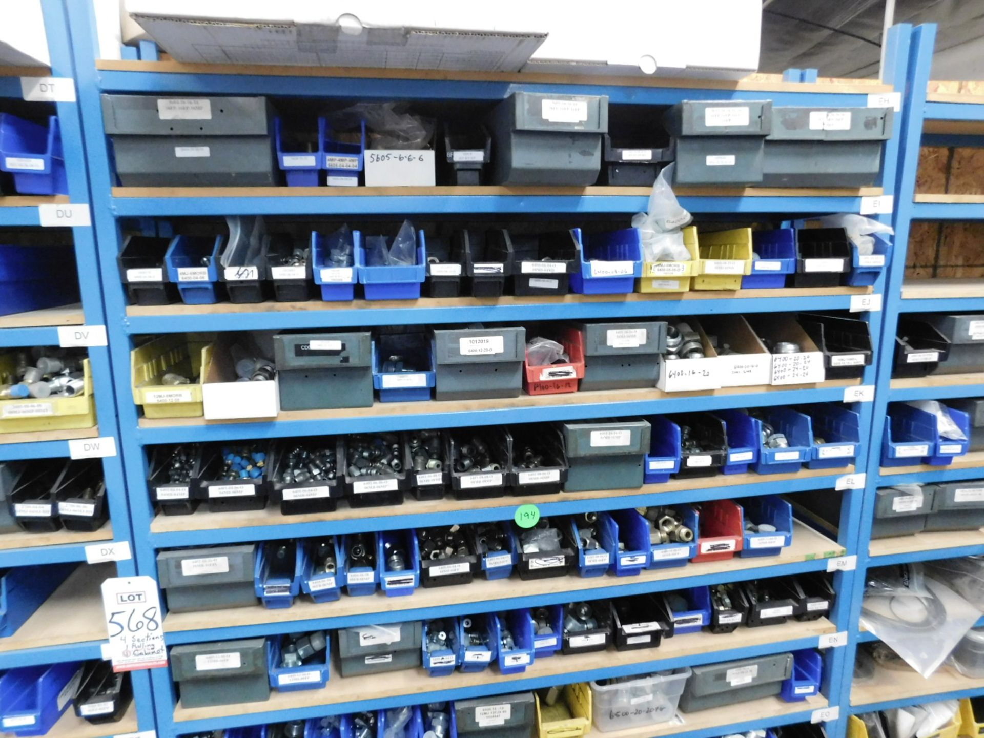 LOT - (4) SECTIONS OF SHELVING, W/ CONTENTS TO INCLUDE: PLUMBING VALVES, FITTINGS, HYDRAULIC & - Image 7 of 10