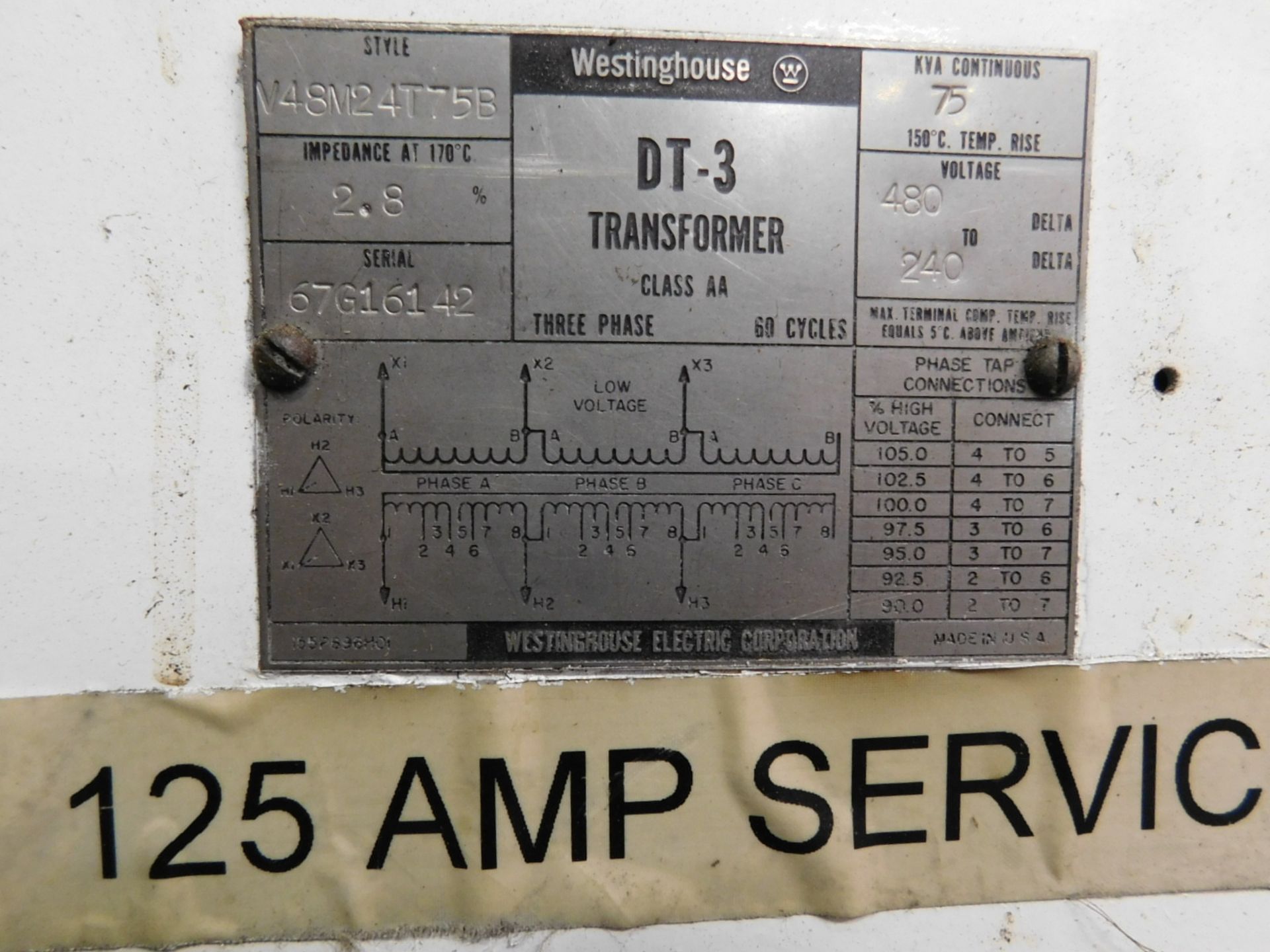 WESTINGHOUSE DT-3 TRANSFORMER, 75 KVA, 480 TO 240V - Image 2 of 2