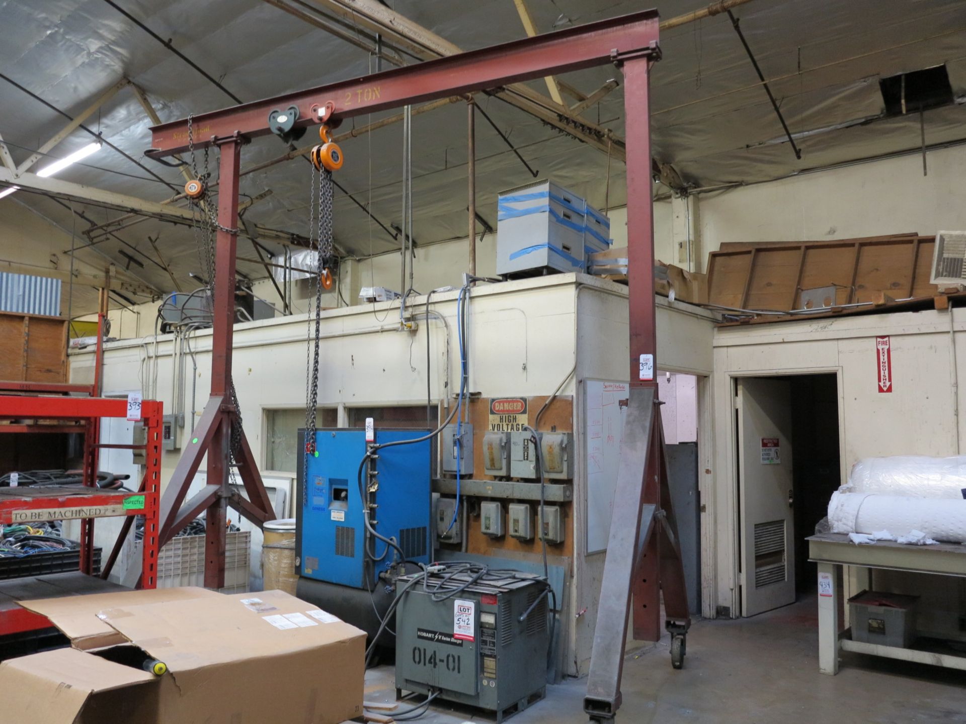 2-TON STEEL GANTRY, W/ 5-TON CHAINFALL, ON LARGE HEAVY DUTY CASTERS, DISTANCE BETWEEN UPRIGHTS: