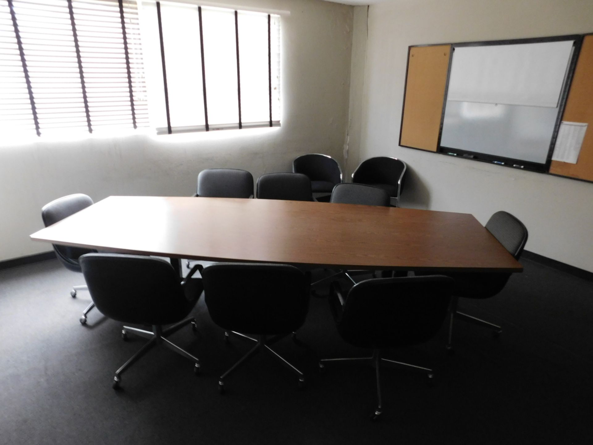 LOT - CONTENTS OF ROOM: 10' CONFERENCE TABLE, CHAIRS, INSIGNIA 55" LED TV MODEL NS-D421NA16 W/