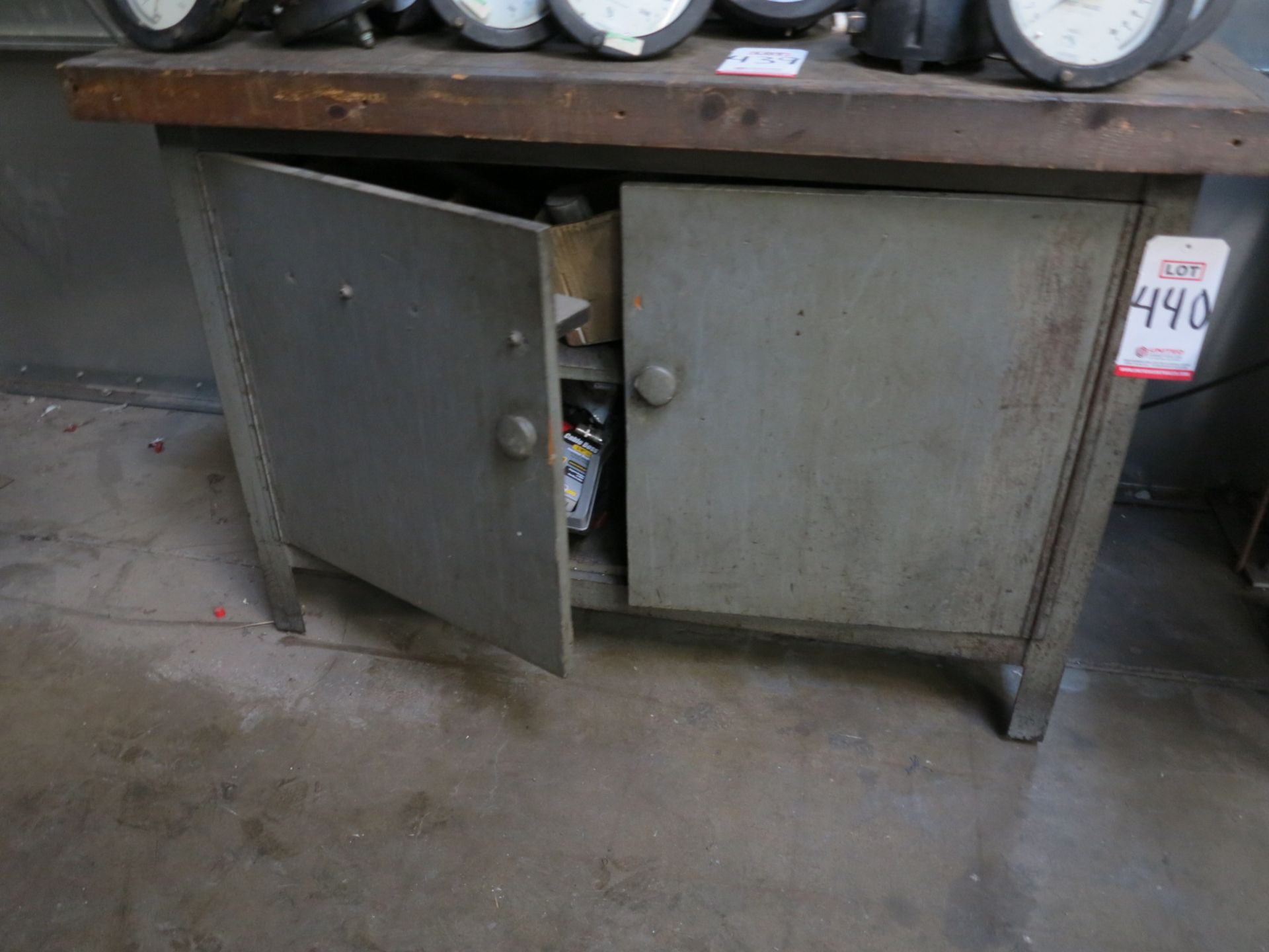 LOT - 2-DOOR WORKBENCH, W/ CONTENTS OF MISC SHOP ITEMS