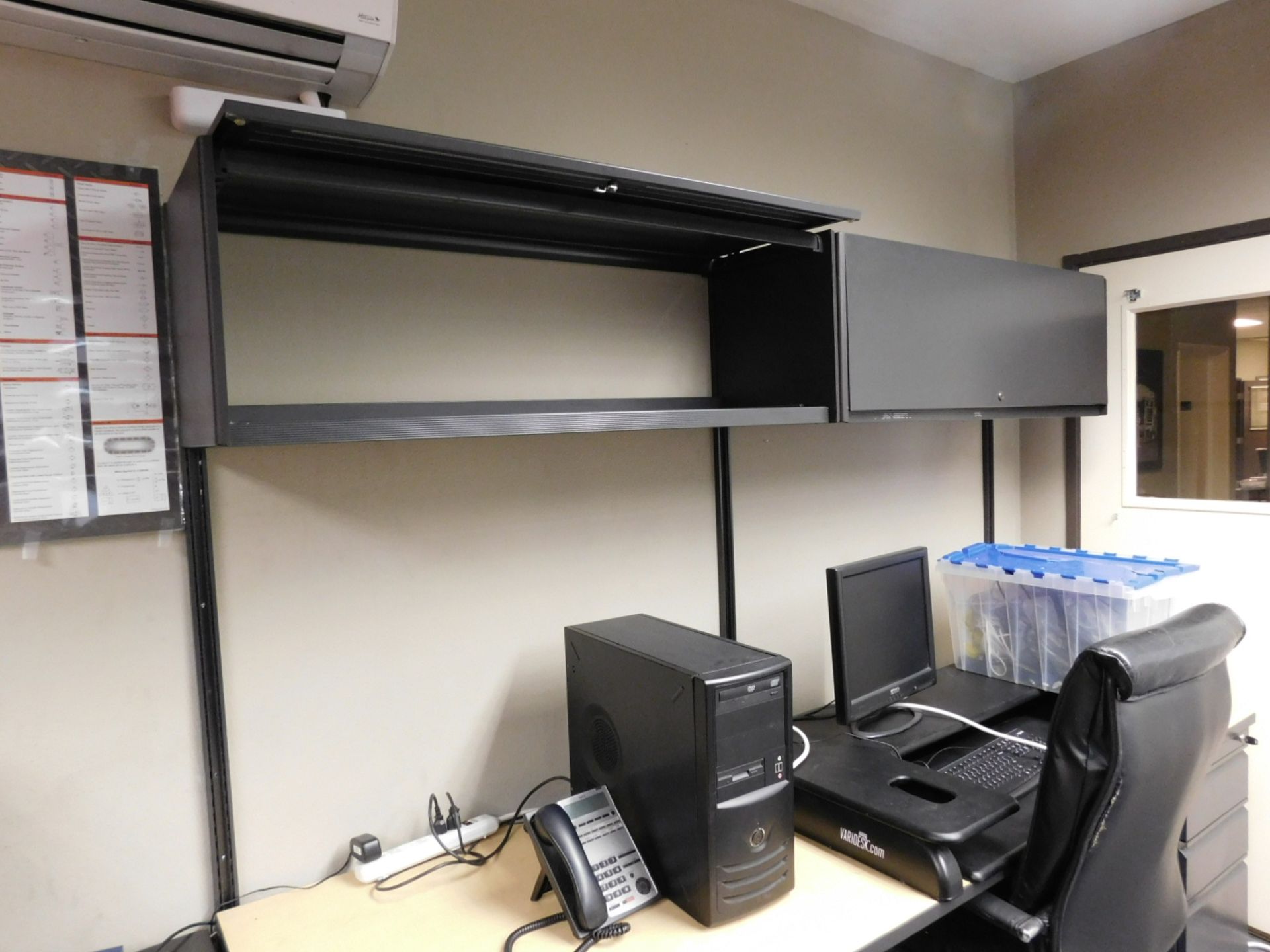 LOT - DESK W/ WALL CABINET, VARIDESK AND UPLIFT DESK, W/ CONTENTS OF ELECTRONICS (COMPUTERS NOT INCL - Image 2 of 4