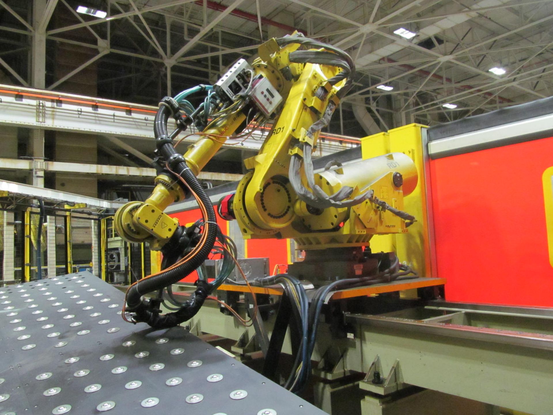 DESTACKER SYSTEM INCLUDING: (2) BLANK HOLDING TABLES, FANUC R2000iB 100P 7-AXIS ROBOT w/ R-30iA