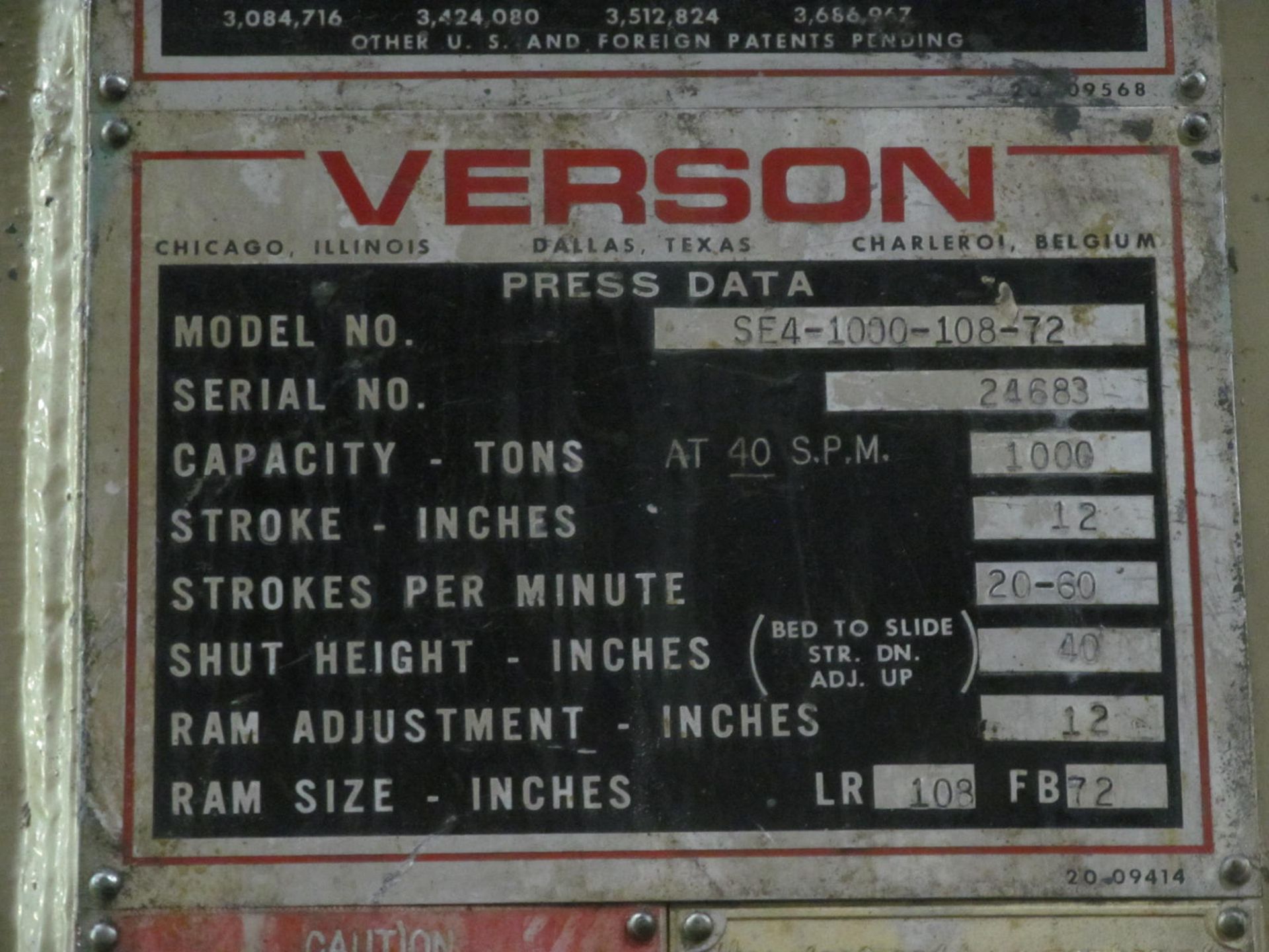 VERSON SE4-1000-108-72 STRAIGHT SIDE PRESS, S/N 24683, 1000 TON CAPACITY, 108" X 72" BED, 12" - Image 2 of 6