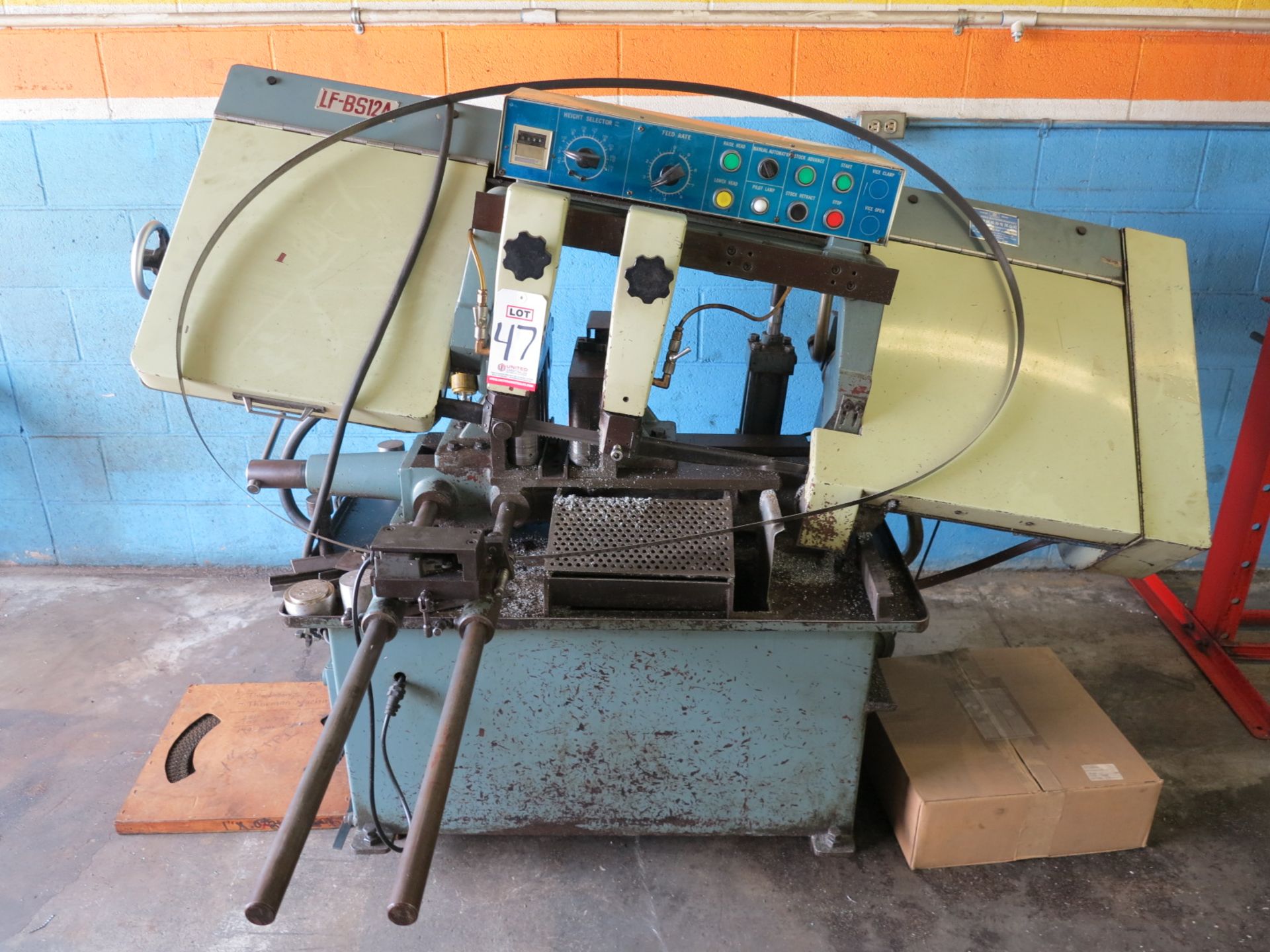 LOT - LIAN FENG HORIZONTAL BAND SAW, MODEL LF-BS12A, 12" CAPACITY, S/N 12459, W/ 5' ROLLER CONVEYOR,