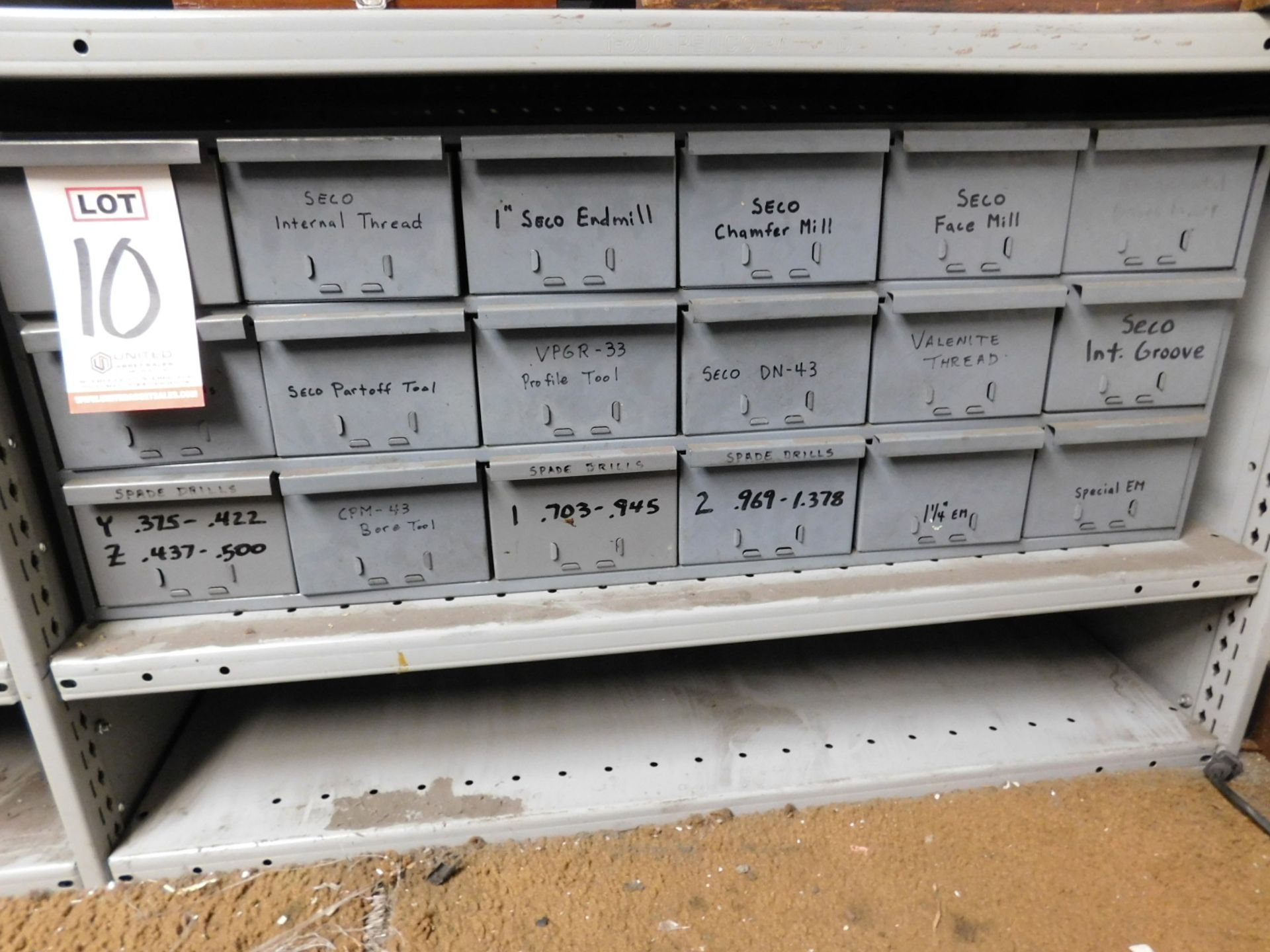 LOT - 18-DRAWER CUBBYHOLE PARTS CABINET, W/ CONTENTS TO INCLUDE: BORING BARS, CUTTING INSERTS, END