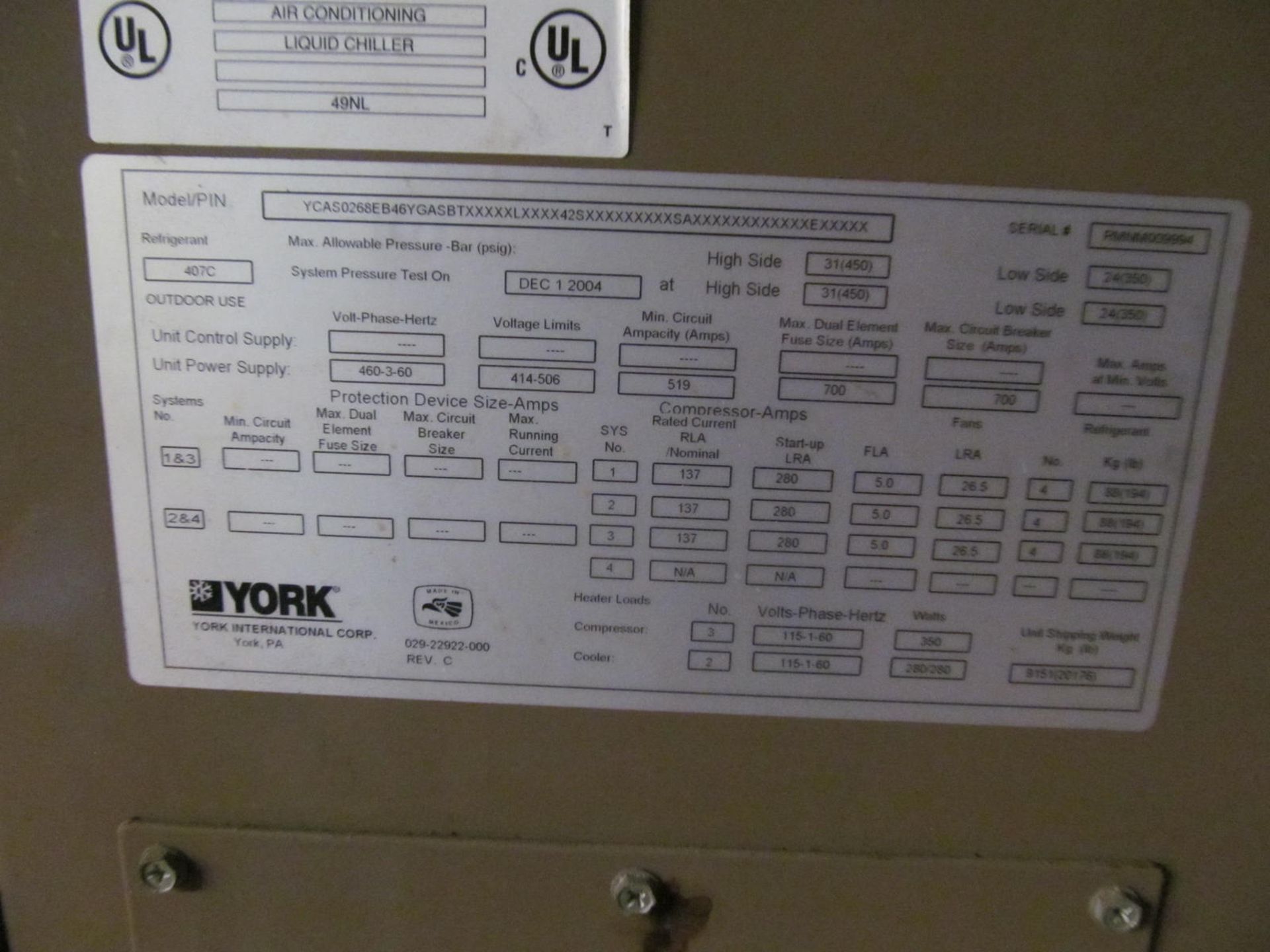 YORK AIR COOLED CHILLER MODEL YCASO268EB46YGASBT L 42S SA E, (3) #DSX36LASA46/50 COMPRESSORS, S/N - Image 6 of 6