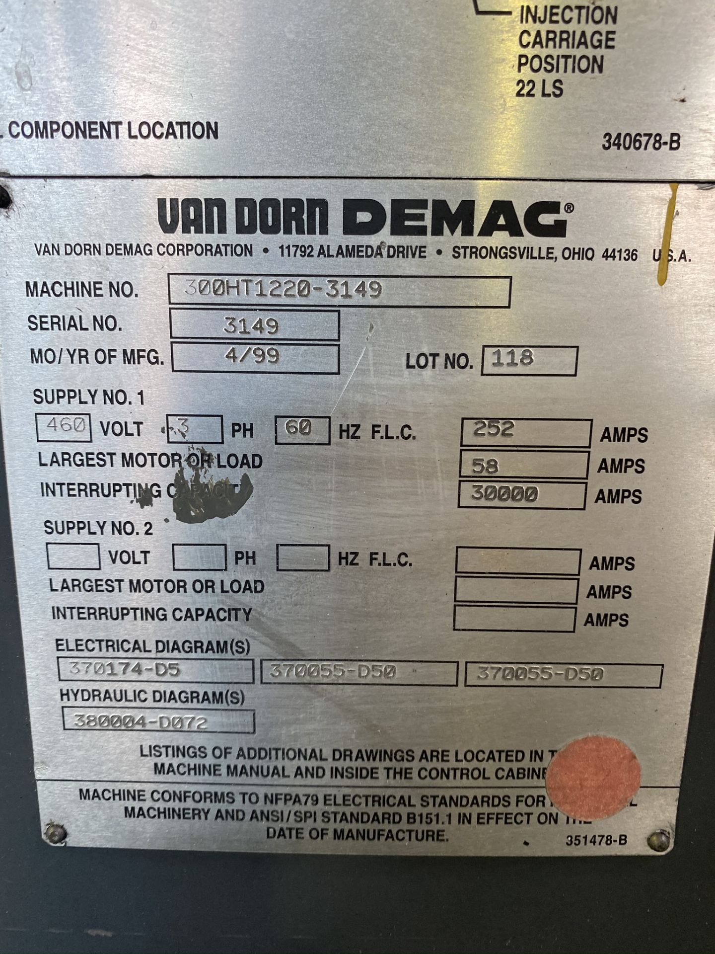 1999 VAN DORN 300 TON, MODEL 300HT1220-3149, PATHFINDER 3000 CNC CONTROL, 25.4 OZ SHOT SIZE, 37” X - Image 13 of 13