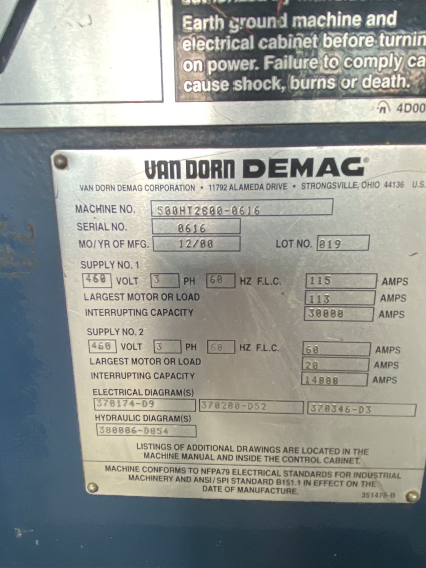 2000 VAN DORN 500 TON, MODEL 500HT2800-0616, PATHFINDER 5000 CONTROL,  59.2 OZ SHOT SIZE, 47.8” - Image 11 of 12