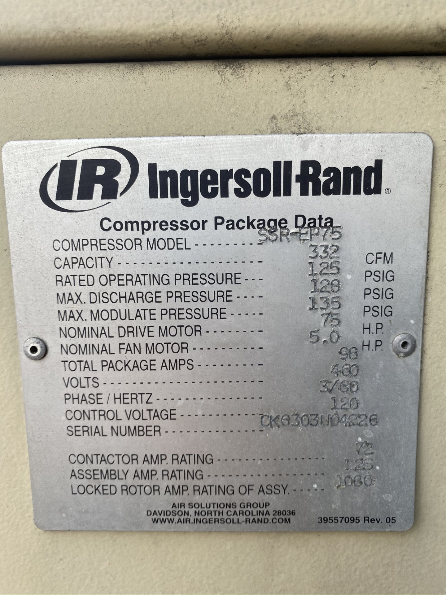 INGERSOLL RAND COMPRESSOR, MODEL GAU509, 50 HP, S/N CK6303U04226 - Image 5 of 5