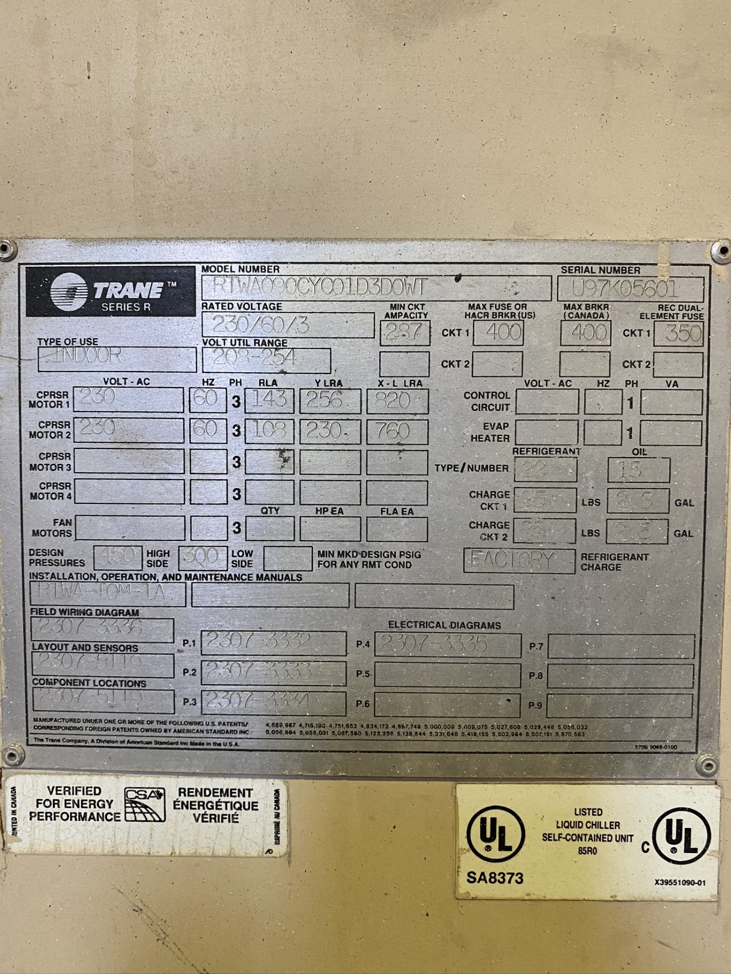 TRANE SERIES R CHILLER, MODEL RTWA090CYC01D3D0WT - Image 5 of 6