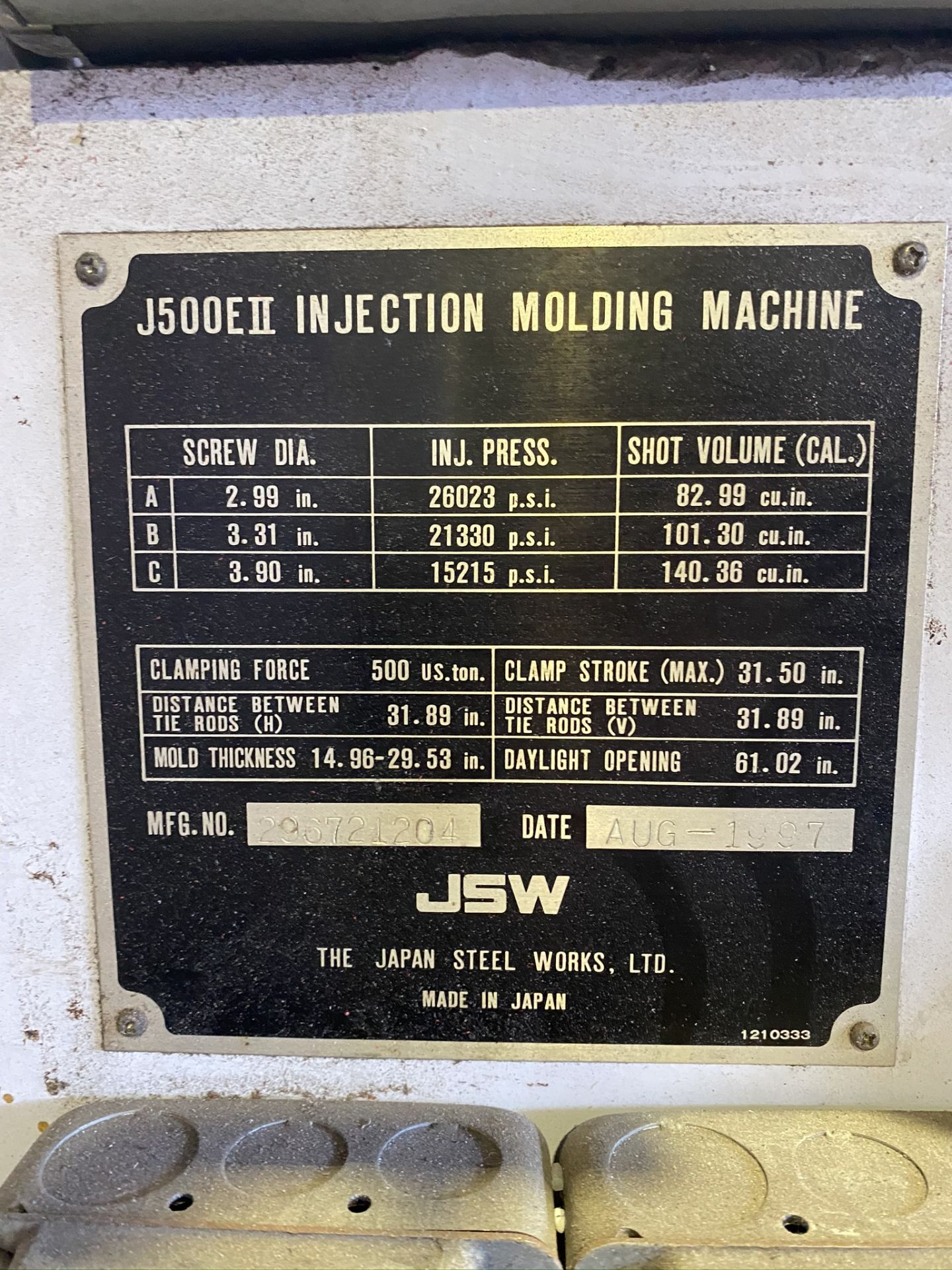 1997 JSW 500 TON, MODEL J500E II, TOUCH SCREEN CONTROL, 73.8 OZ SHOT SIZE, 46.3” X 46.3” PLATENS, - Image 15 of 15